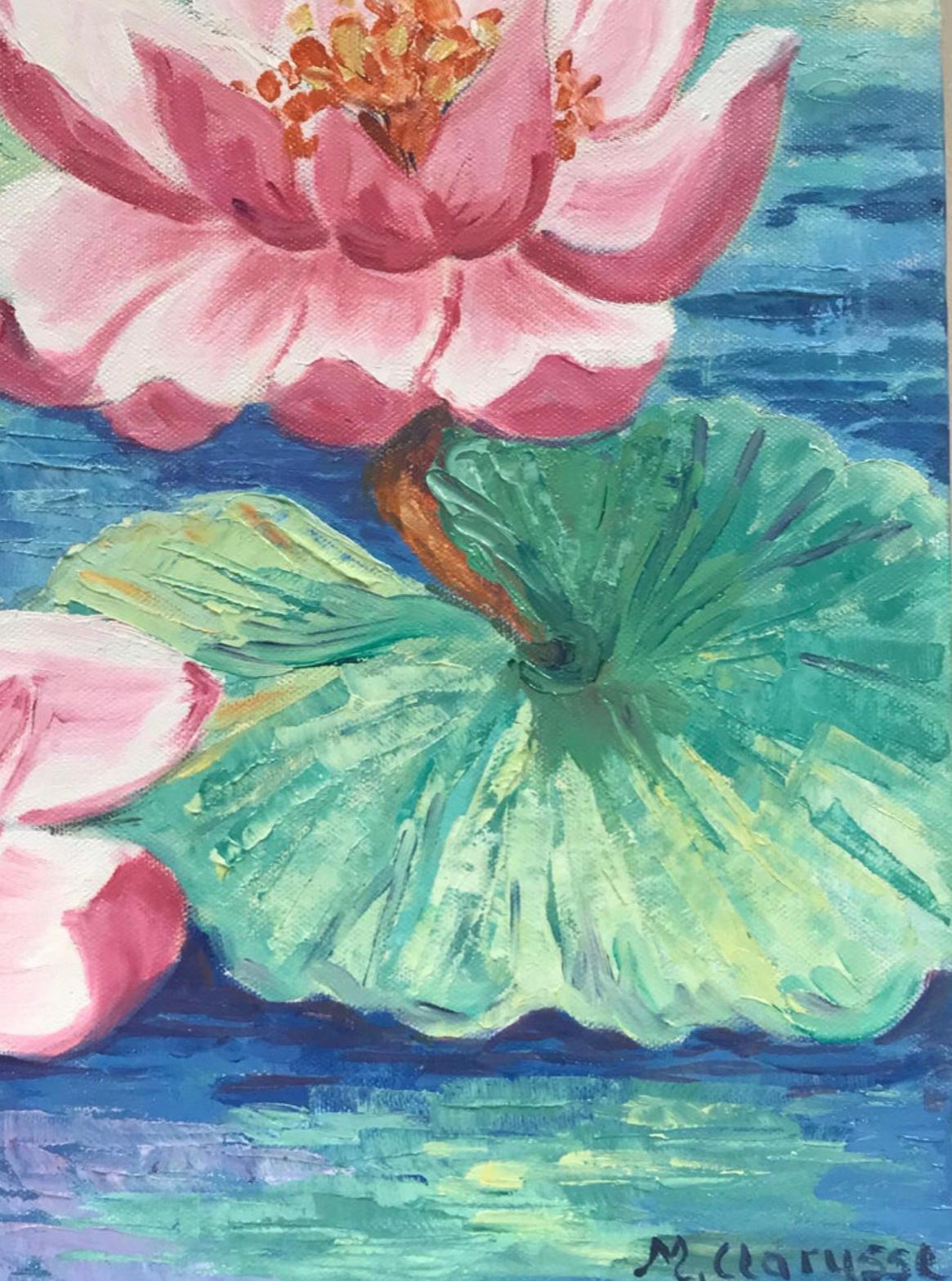 Brillantes y coloridos Lirios rosa vibrante en Lily Pad - Painting de Unknown