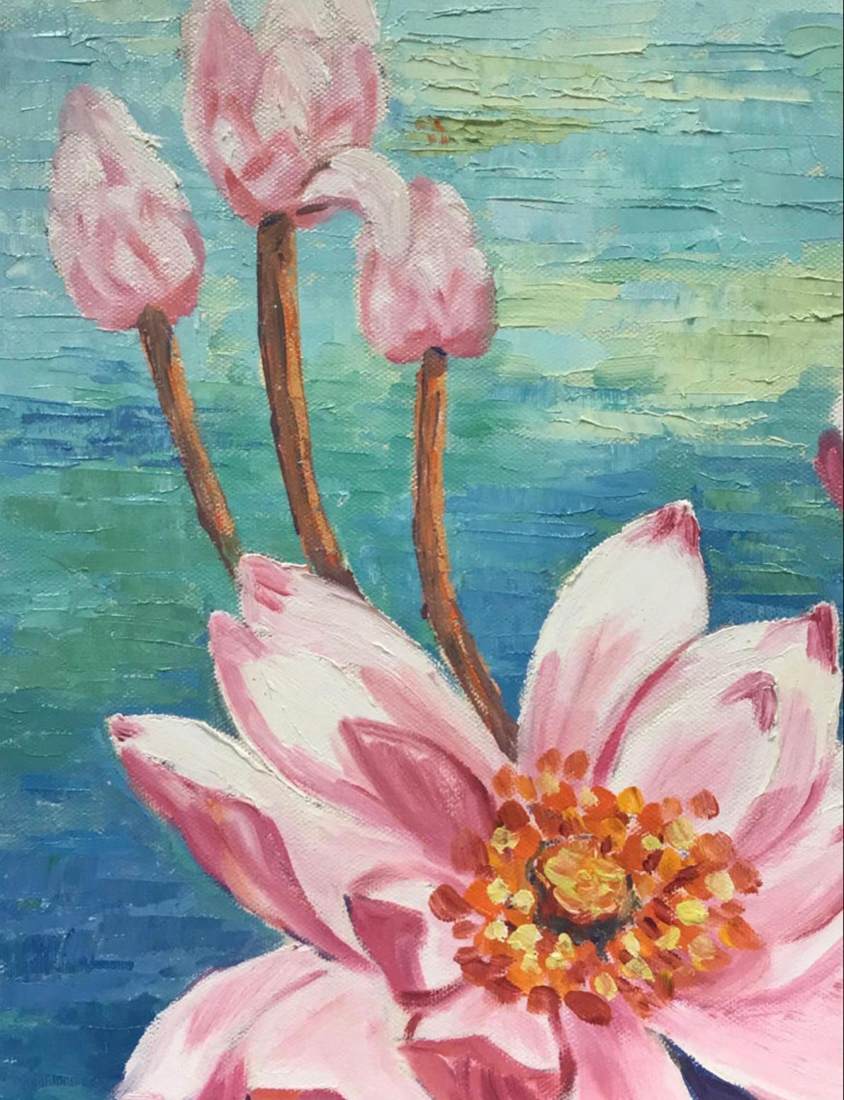 Brillantes y coloridos Lirios rosa vibrante en Lily Pad - Still-Life Painting Gris de Unknown