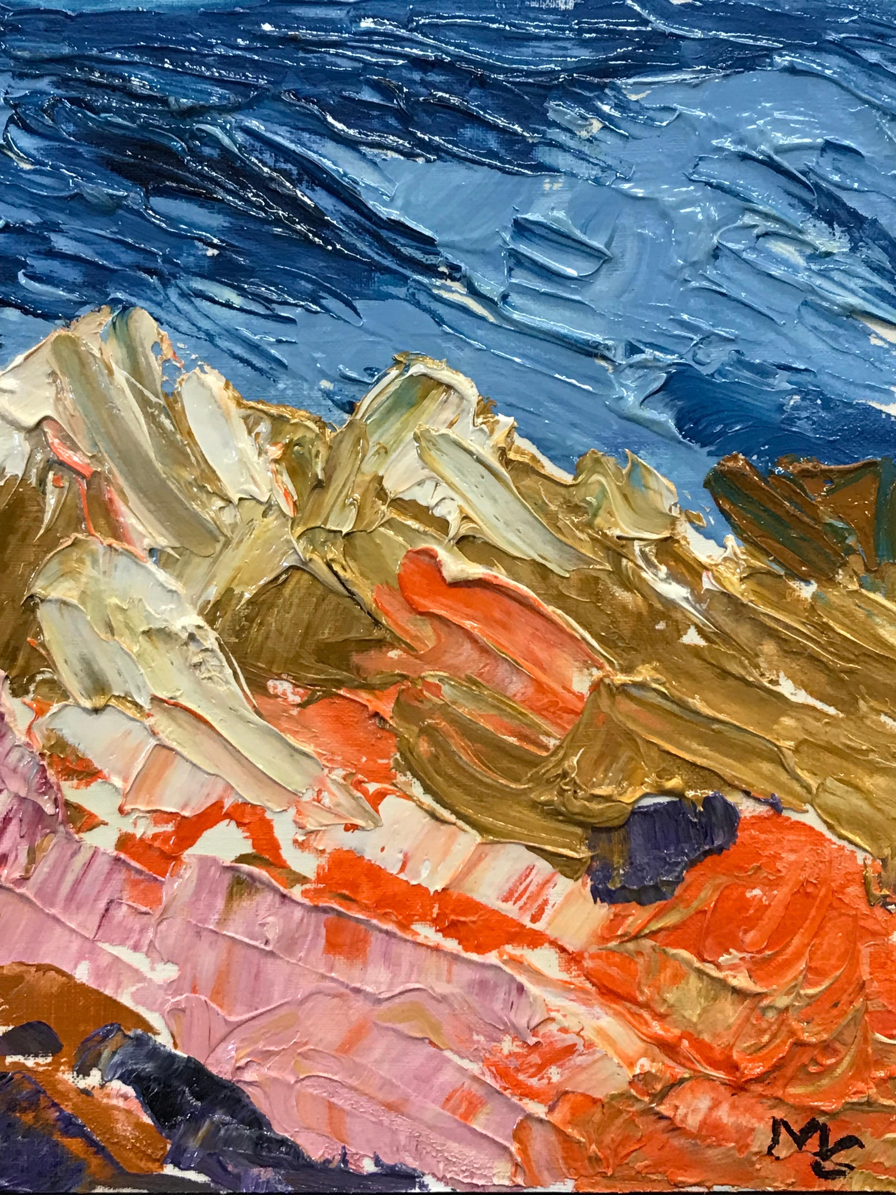 Helles & farbenfrohes französisches impressionistisches Ölgemälde - Blauer Himmel über Bergen – Painting von Unknown