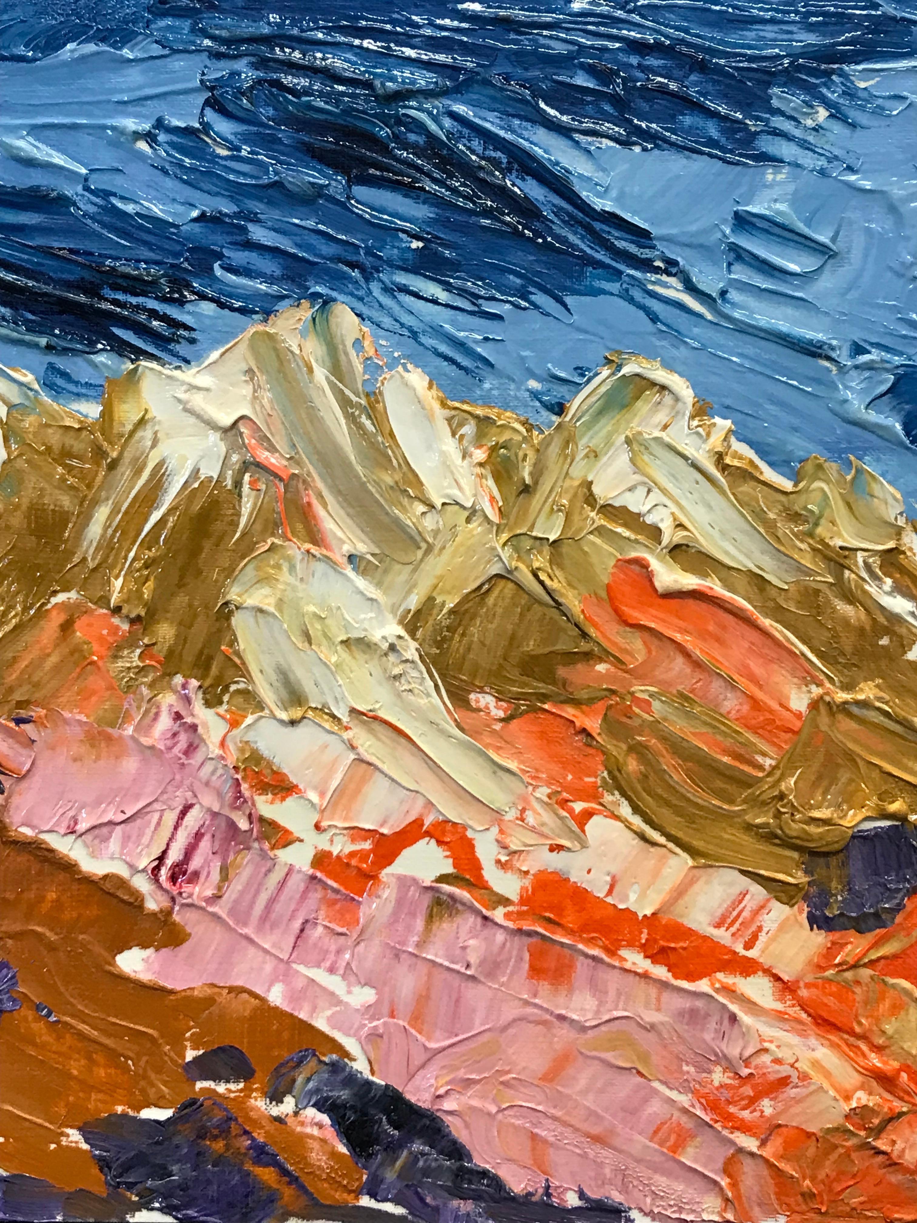 Helles & farbenfrohes französisches impressionistisches Ölgemälde - Blauer Himmel über Bergen (Braun), Landscape Painting, von Unknown