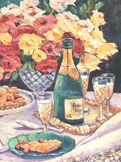 Colorful Champagne Picnic Oil Painting, Impressionist Style, Signed