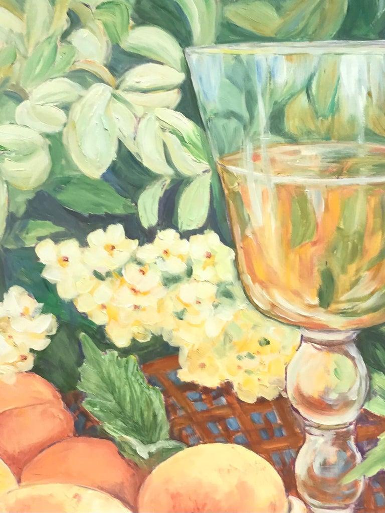 Bright & Colorful French Impressionist Oil Painting, Fruit & Wine Date - Beige Still-Life Painting by Unknown