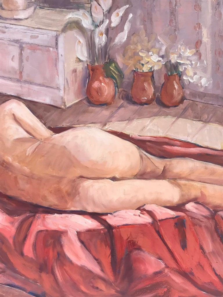 Bright & Colorful French Impressionist Oil Painting, Nude Lady in Pink Interior - Brown Nude Painting by Unknown