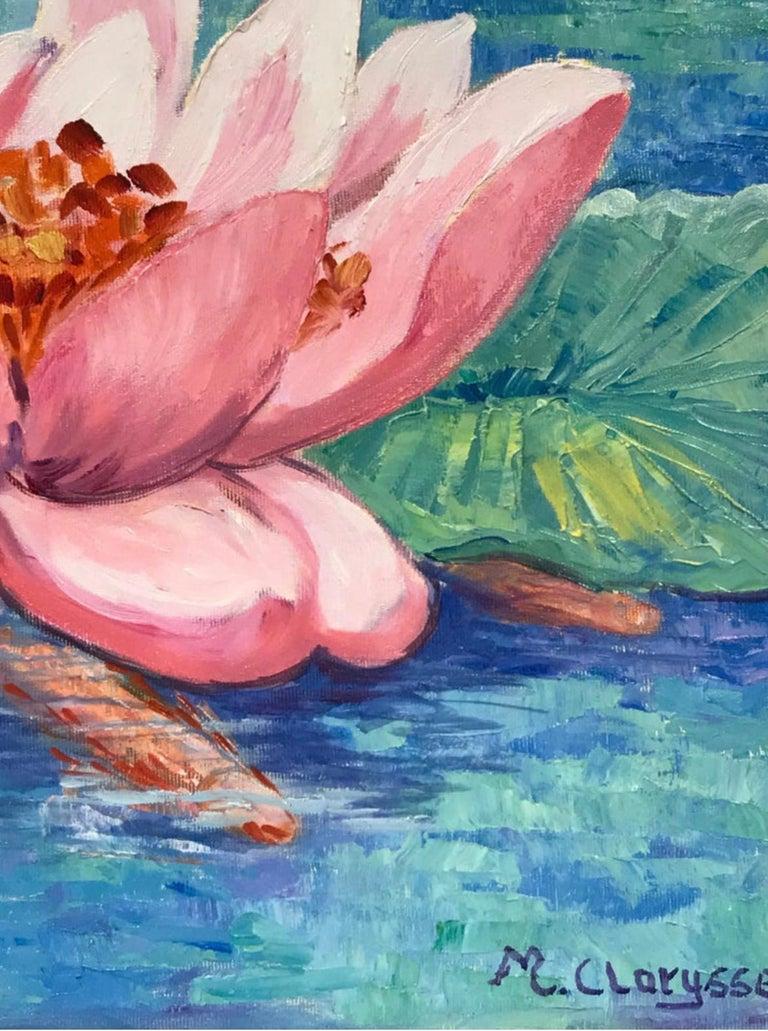 Pintura al óleo impresionista francesa brillante y colorida, Lirios rosas - Still-Life Painting Gris de Unknown