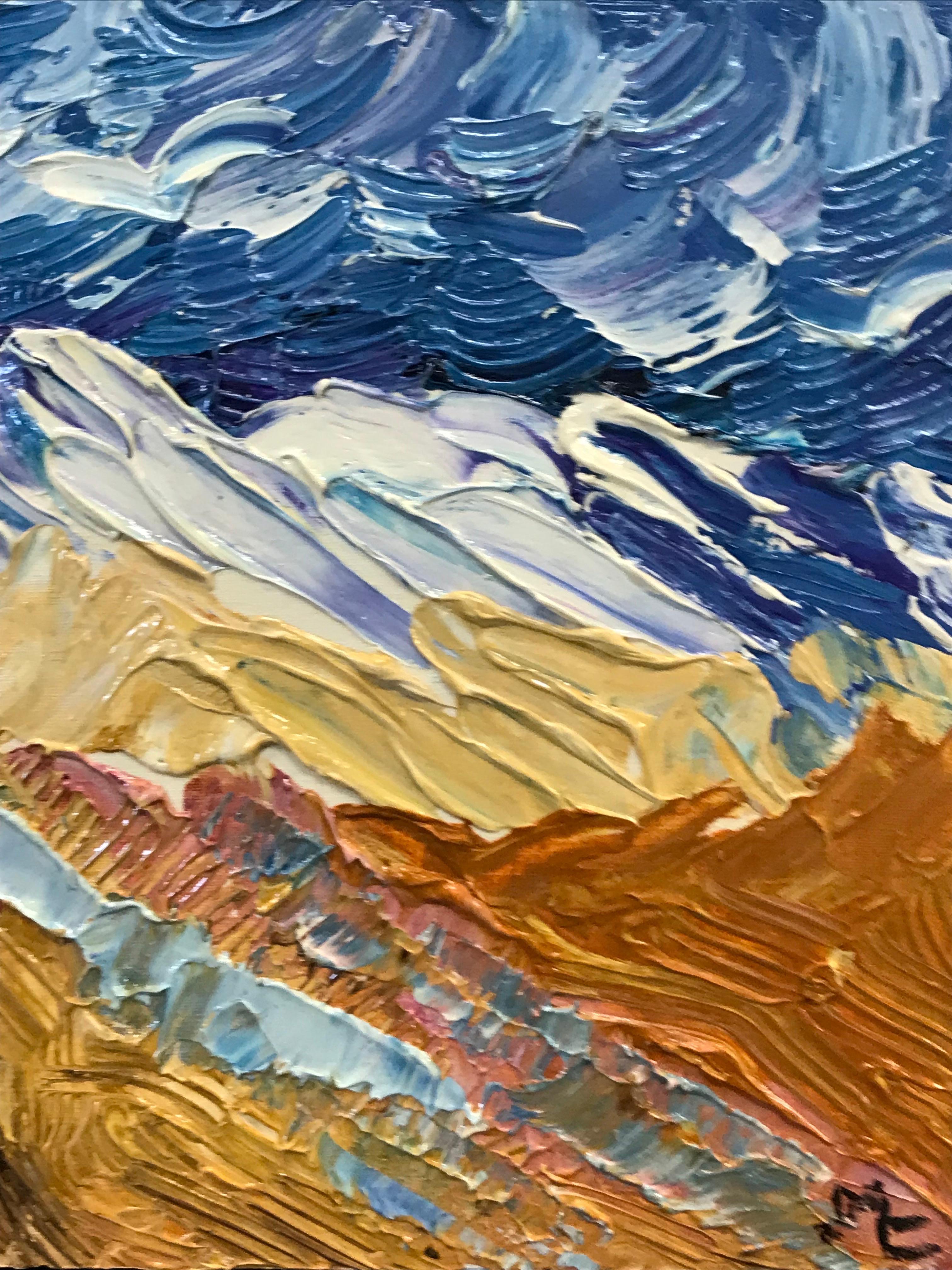 Helles & farbenfrohes französisches impressionistisches Ölgemälde, Möwen über Bergen – Painting von Unknown