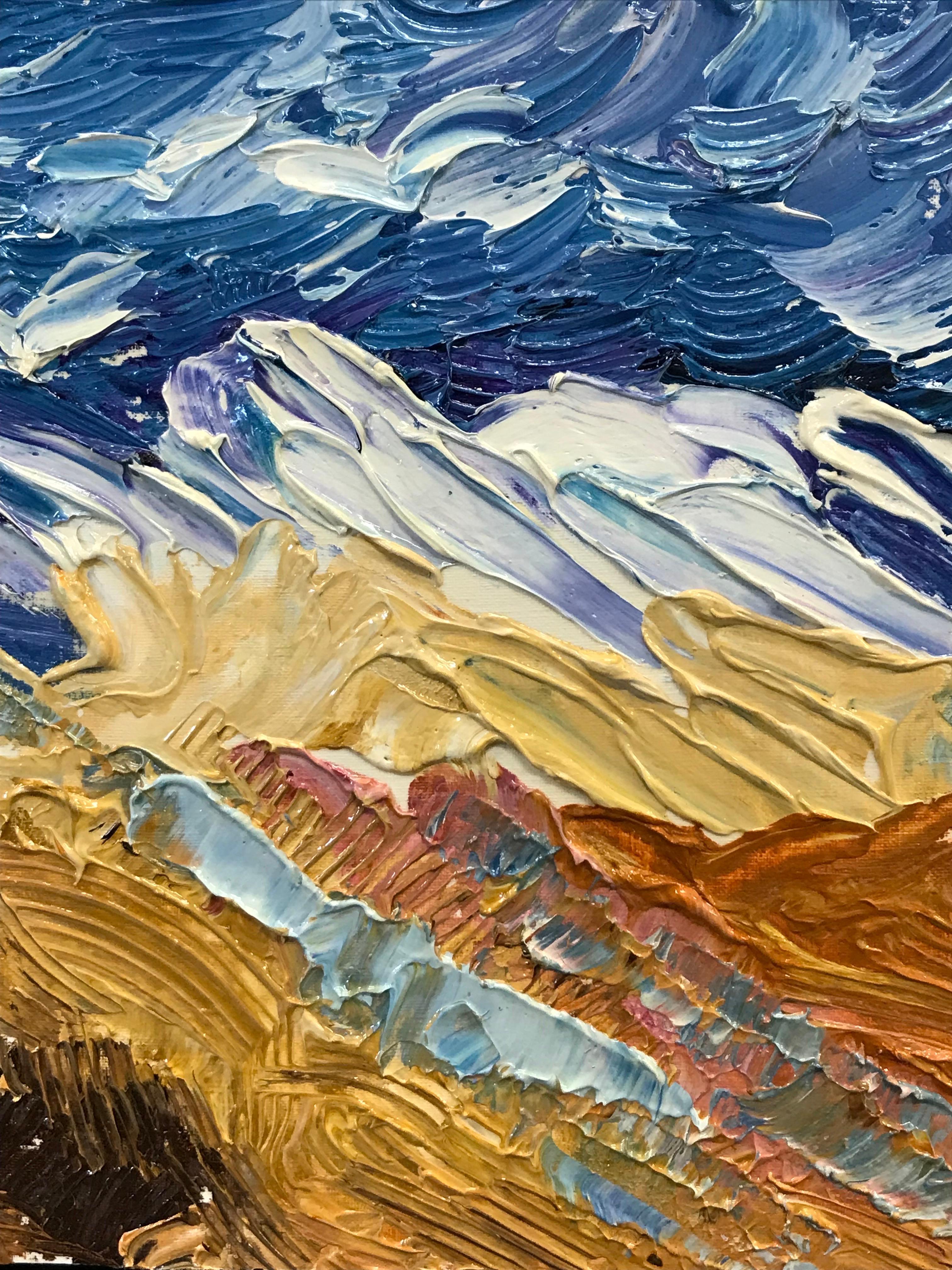 Helles & farbenfrohes französisches impressionistisches Ölgemälde, Möwen über Bergen (Braun), Landscape Painting, von Unknown