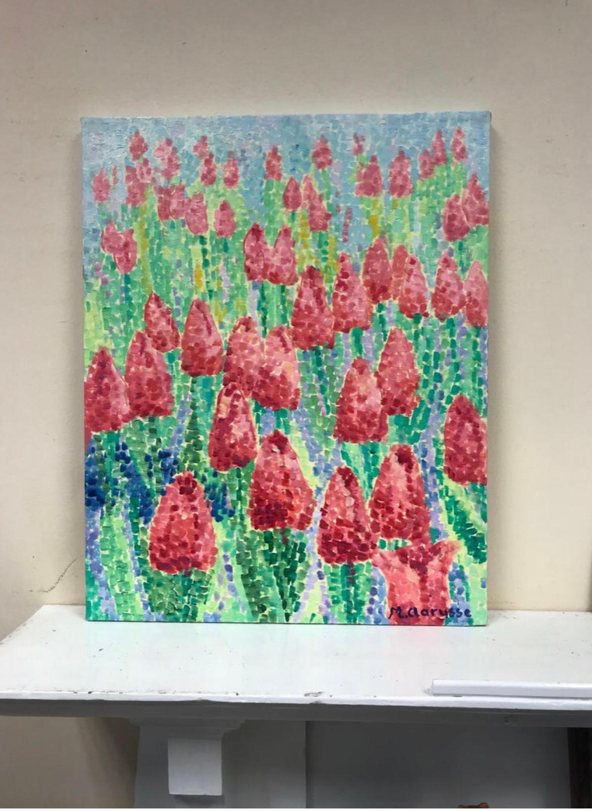 Bright & Colorful French Pointillist Oil Painting - Field of Pink Tulips - Gray Still-Life Painting by Unknown