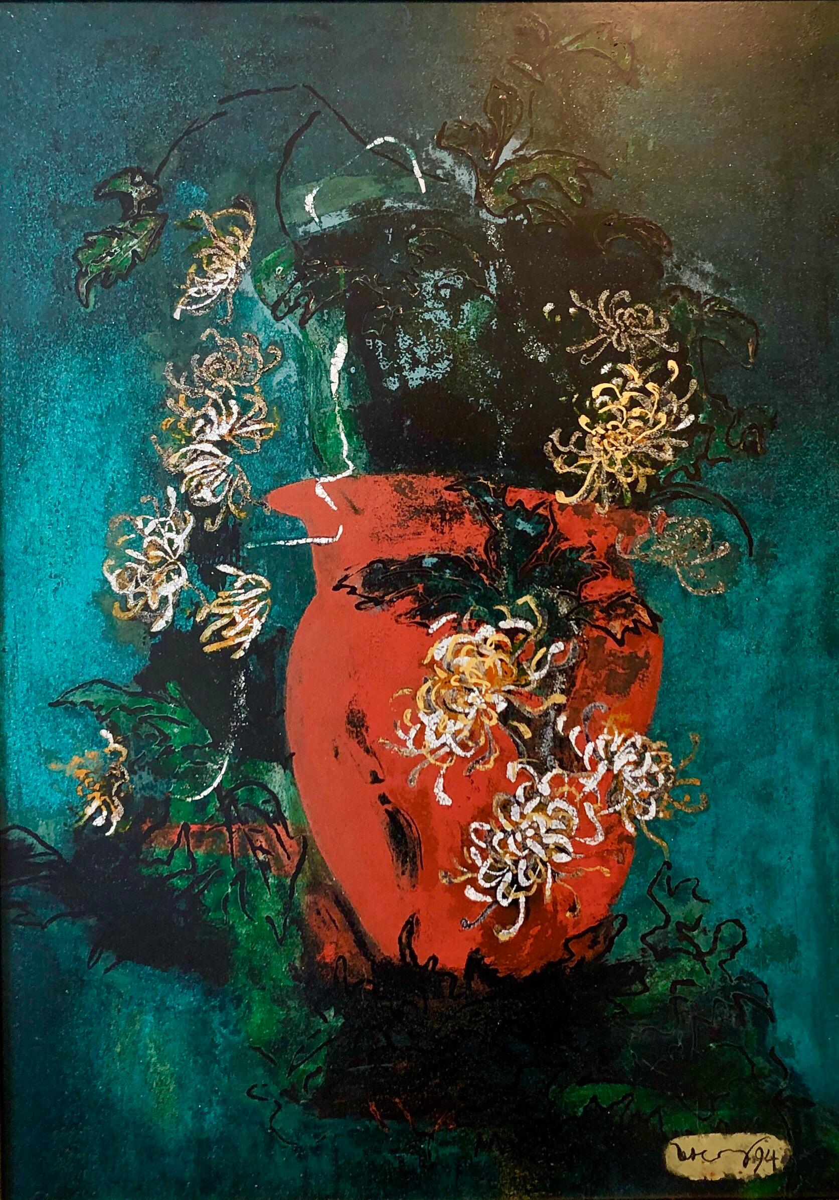 Peinture à l'huile Pop Art émaillée aux couleurs vives et vibrantes - Fleurs - Expressionniste abstrait new-yorkais - Noir Abstract Painting par Unknown
