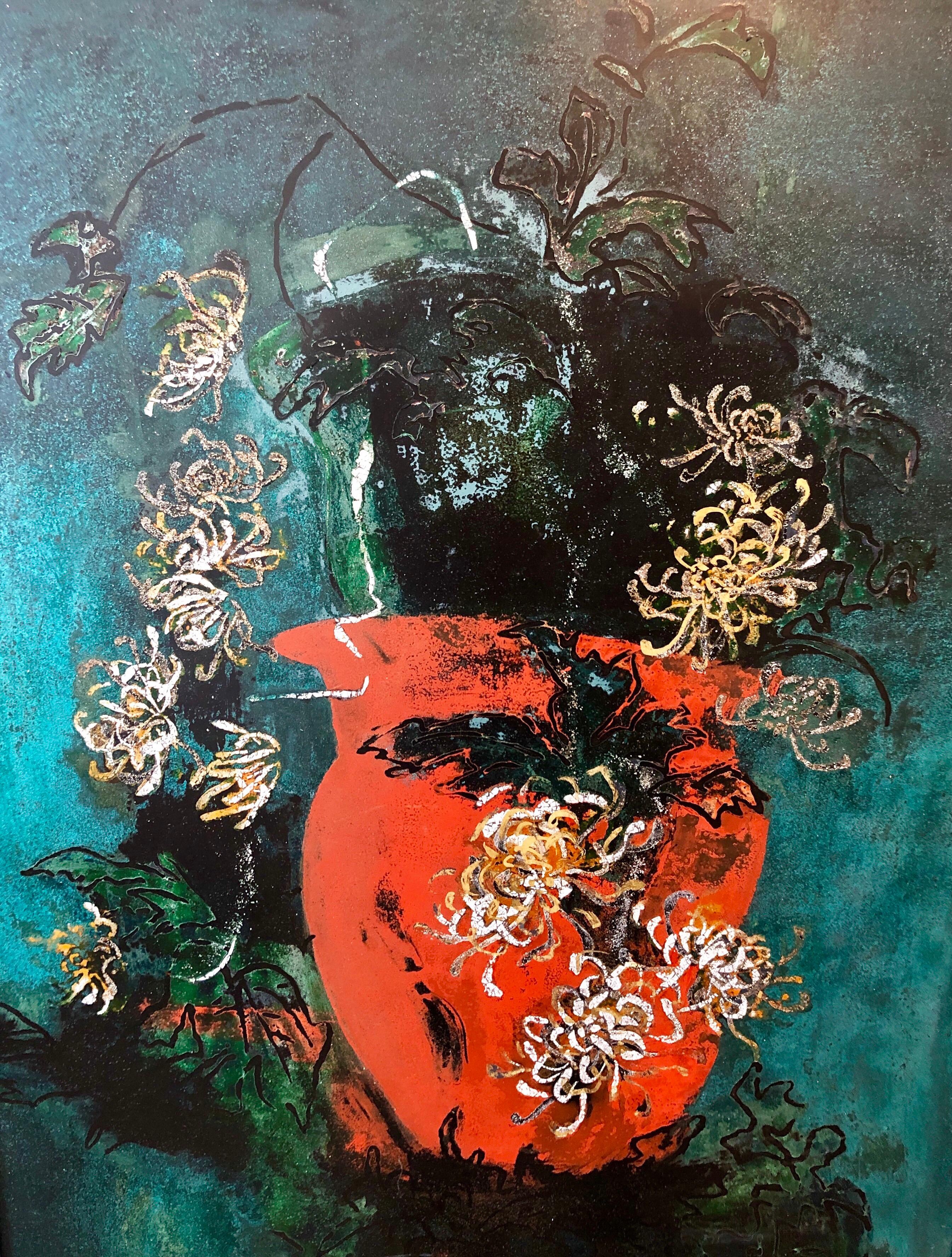 Flores en un Jarrón, de color intenso y seductor: casi al estilo japonés. Morados y rojos extasiados, amarillos limón extasiados, formas empujadas, líricas y de bordes suaves, se niegan a resolverse limpiamente, una audaz estrategia para mantener al