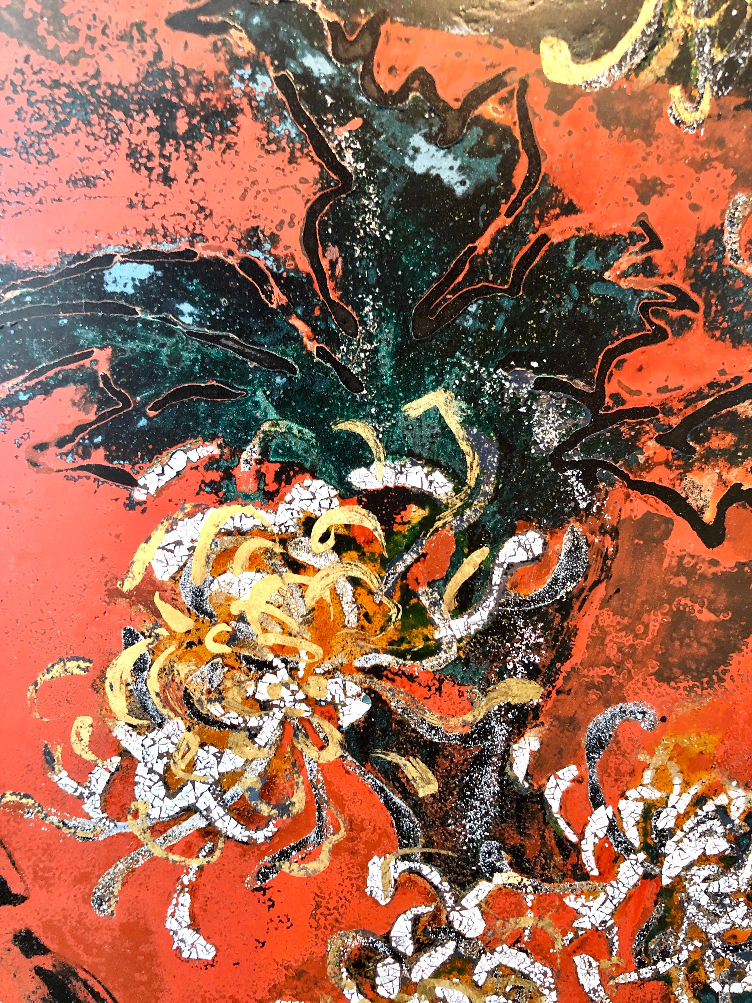 Peinture à l'huile Pop Art émaillée aux couleurs vives et vibrantes - Fleurs - Expressionniste abstrait new-yorkais en vente 1