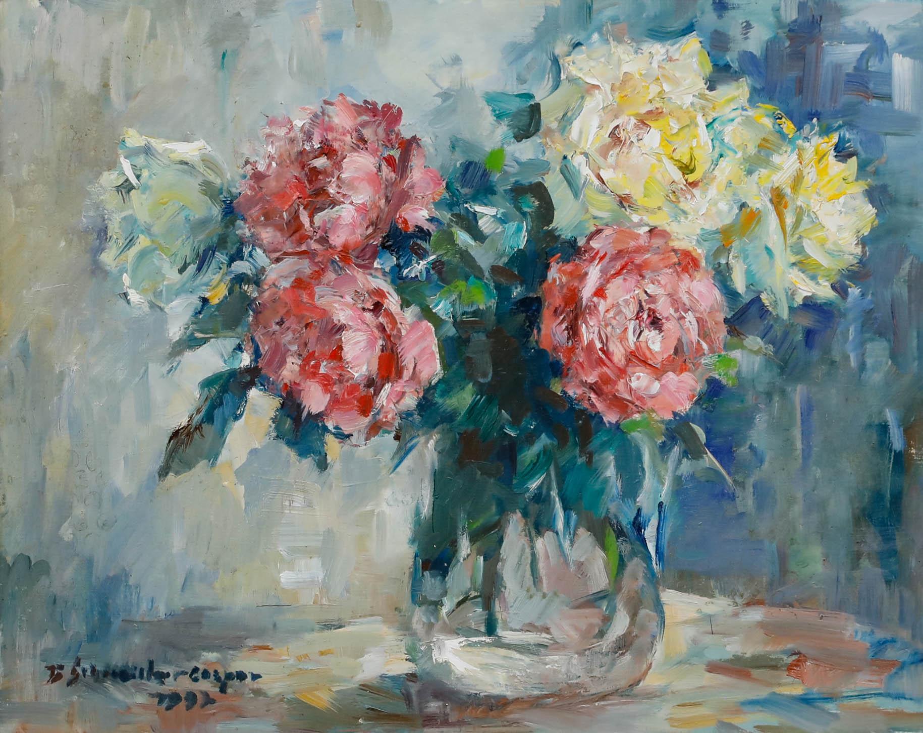 Brigitte Schneider Gaspar (1921-2000) - 1997 Huile, Bouquet de roses roses et jaunes - Painting de Unknown