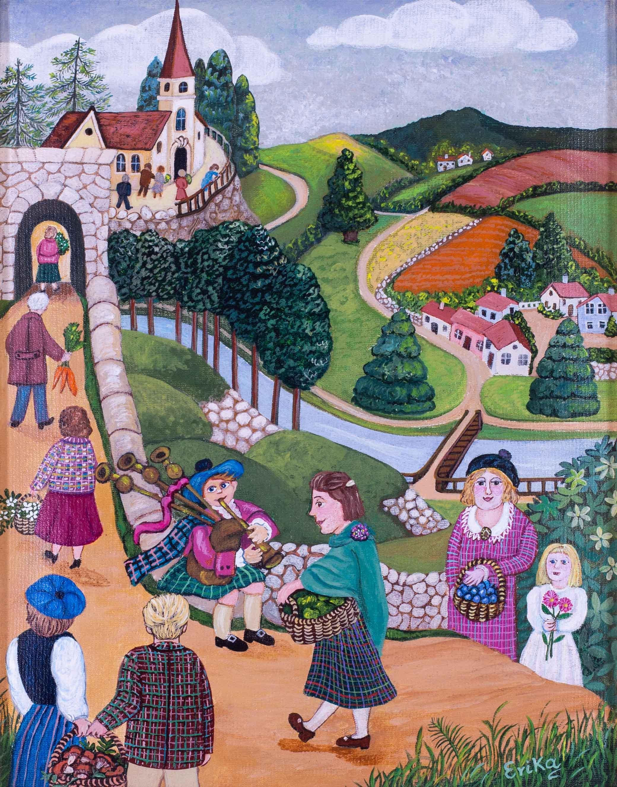 Quadro ad olio del XX secolo di Erika Delamar raffigurante la Domenica del Ringraziamento 3