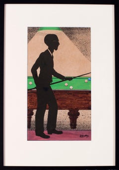 British 20th Century original watercolour painting of a snooker / pool player