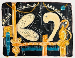 Abstracción británica óleo sobre cartón Alec Cumming Teatro Azul Naranja Negro