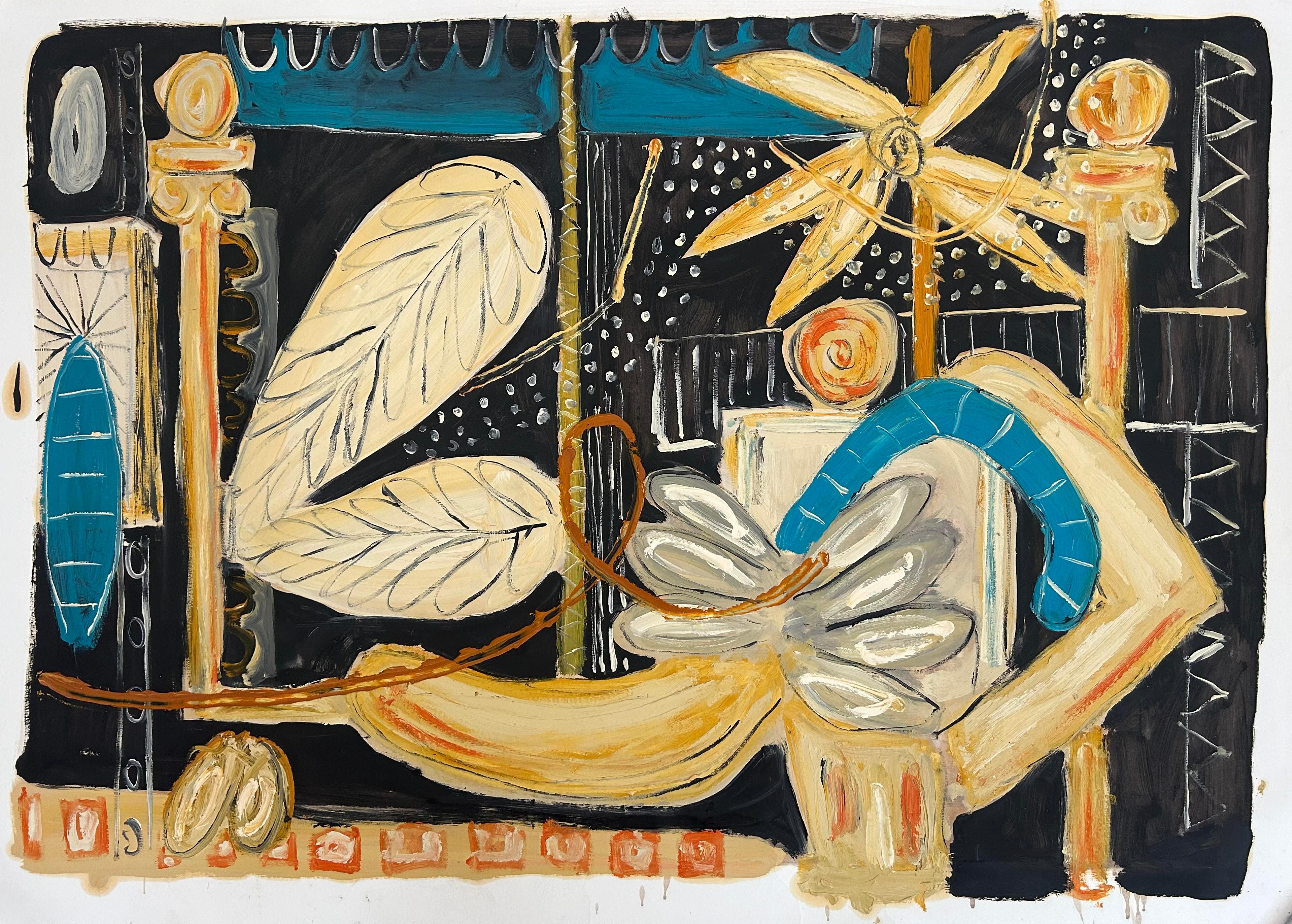 Unknown Still-Life Painting – Britische Abstraktion Öl auf Pappe Alec Cumming, Vase, Blau Orange Schwarz 