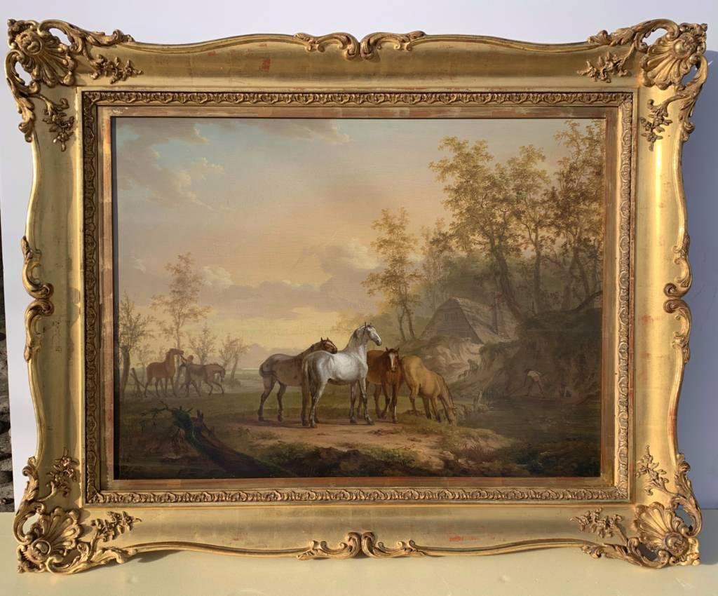 British Animal painter - 18th century horses painting - Oil on panel figure - Painting by Unknown