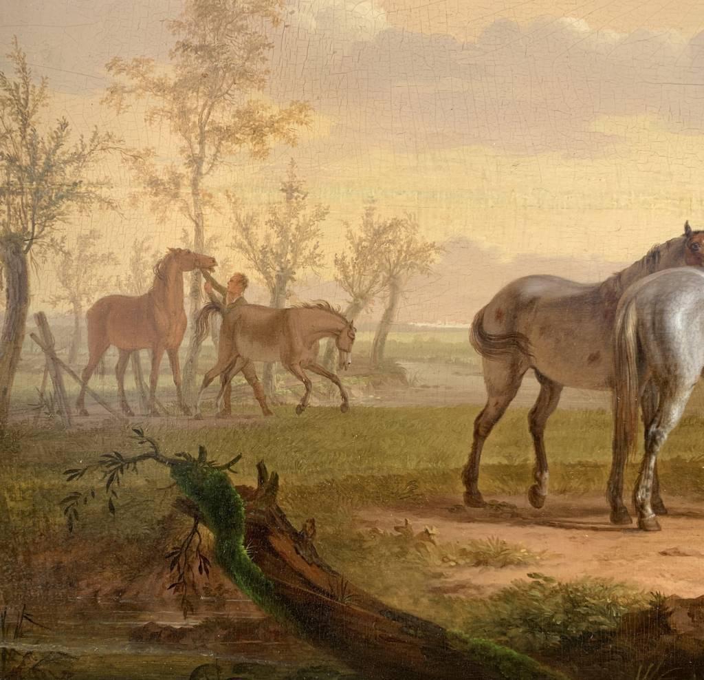 English painter (18th century) - Horses at the river.

53 x 70 cm without frame, 67 x 86 cm with frame.

Antique oil painting on wood, in a carved and gilded wooden frame.

Condition report: Table parked. Good state of conservation of the pictorial