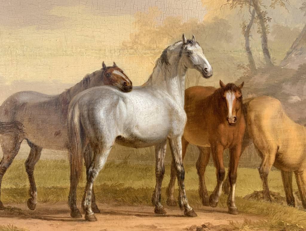 British Animal painter - 18th century horses painting - Oil on panel figure For Sale 3