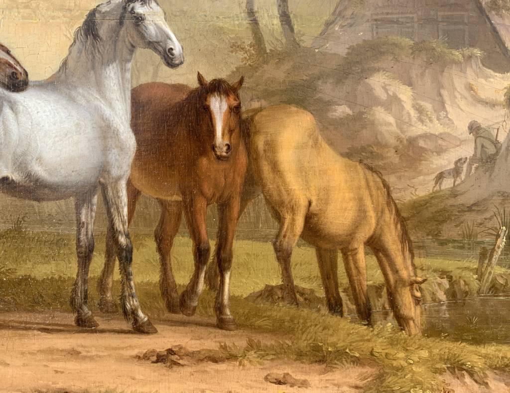 British Animal painter - 18th century horses painting - Oil on panel figure For Sale 4