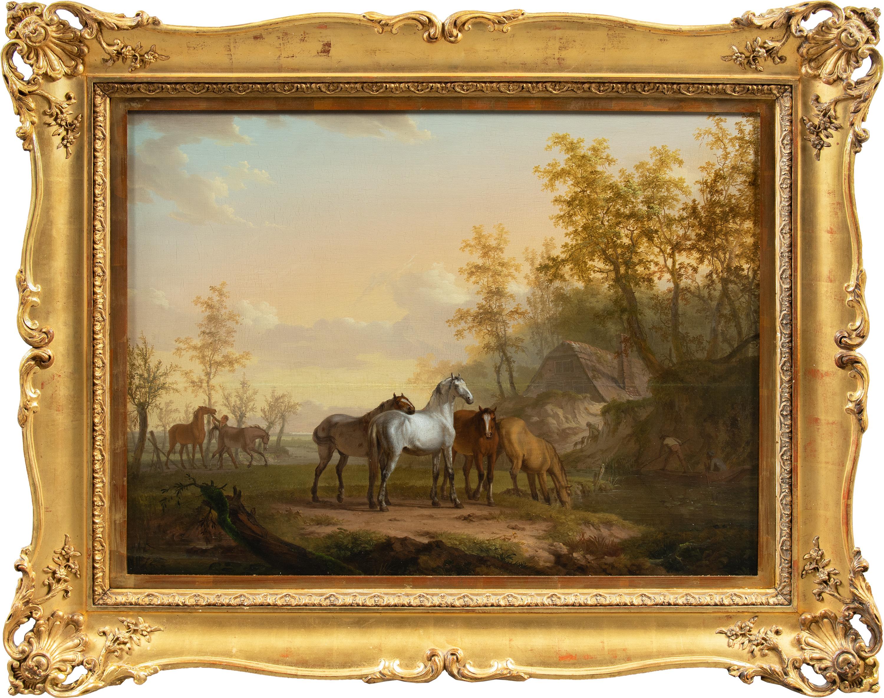 Landscape Painting Unknown - Peintre animalier britannique - Peinture de chevaux du XVIIIe siècle - Huile sur panneau figure