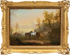 British Animal painter - 18th century horses painting - Oil on panel figure