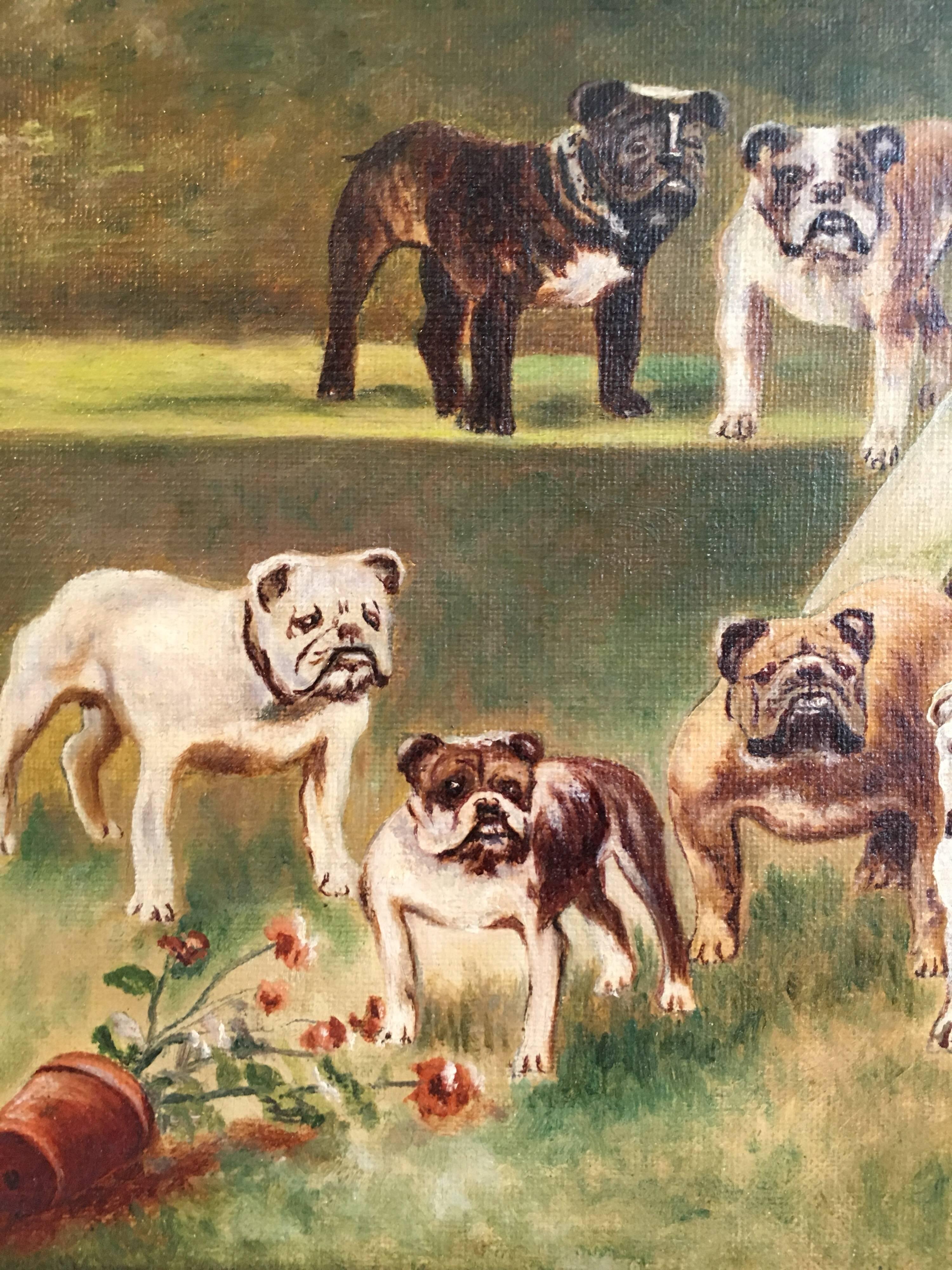 British Bulldogs, Canine Oil Painting, Dated ‘1910’ - Gray Figurative Painting by Unknown