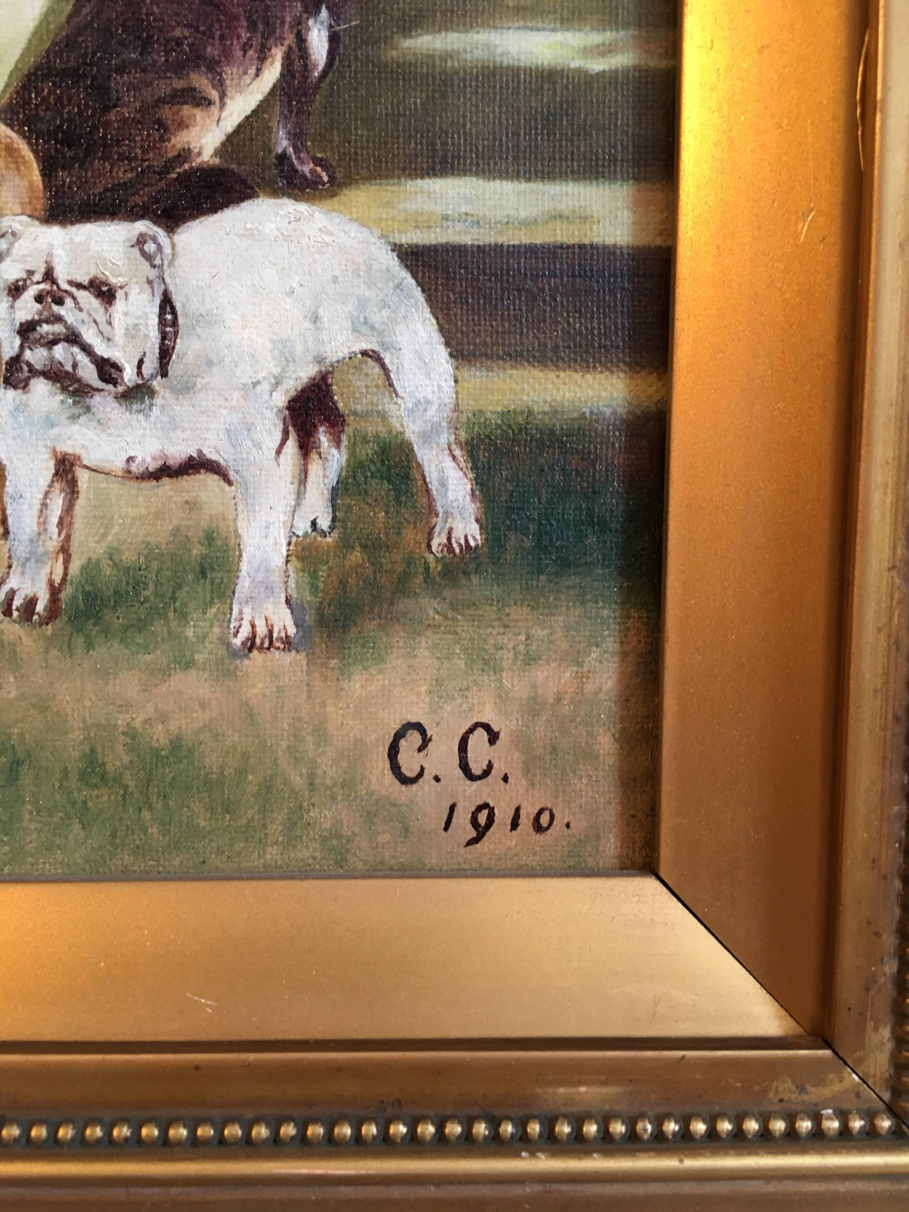 Staffordshire Bull Terriers, Canine Oil Painting, Dated ‘1910’
British School, early 20th Century
Signed and dated '1910' by the artist on the lower right hand corner
Oil painting on canvas, framed
Framed size: 13 x 15 inches

Wonderful oil painting