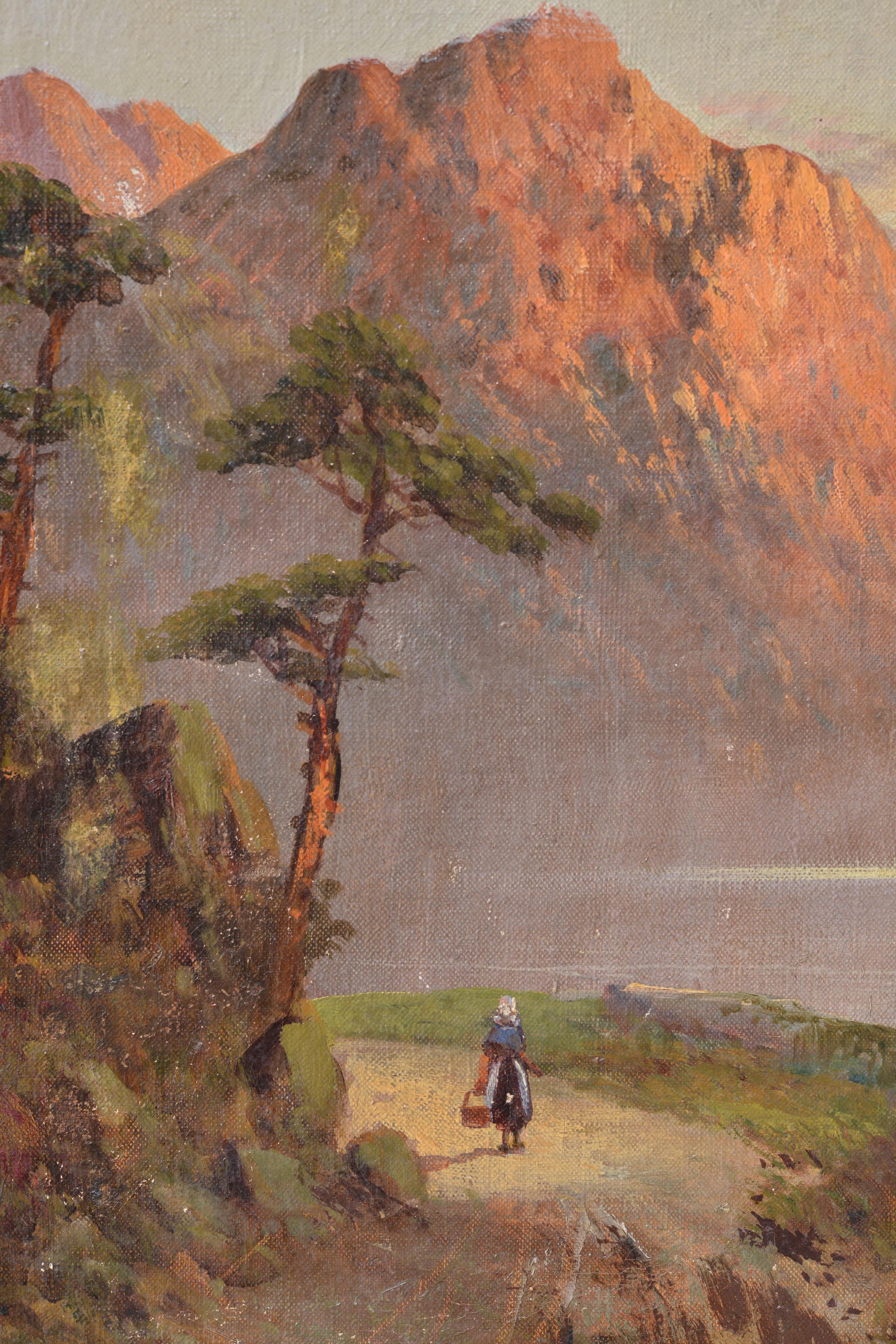 British highlands Loch on Sunset 19th century Landscape Framed Oil Painting  1