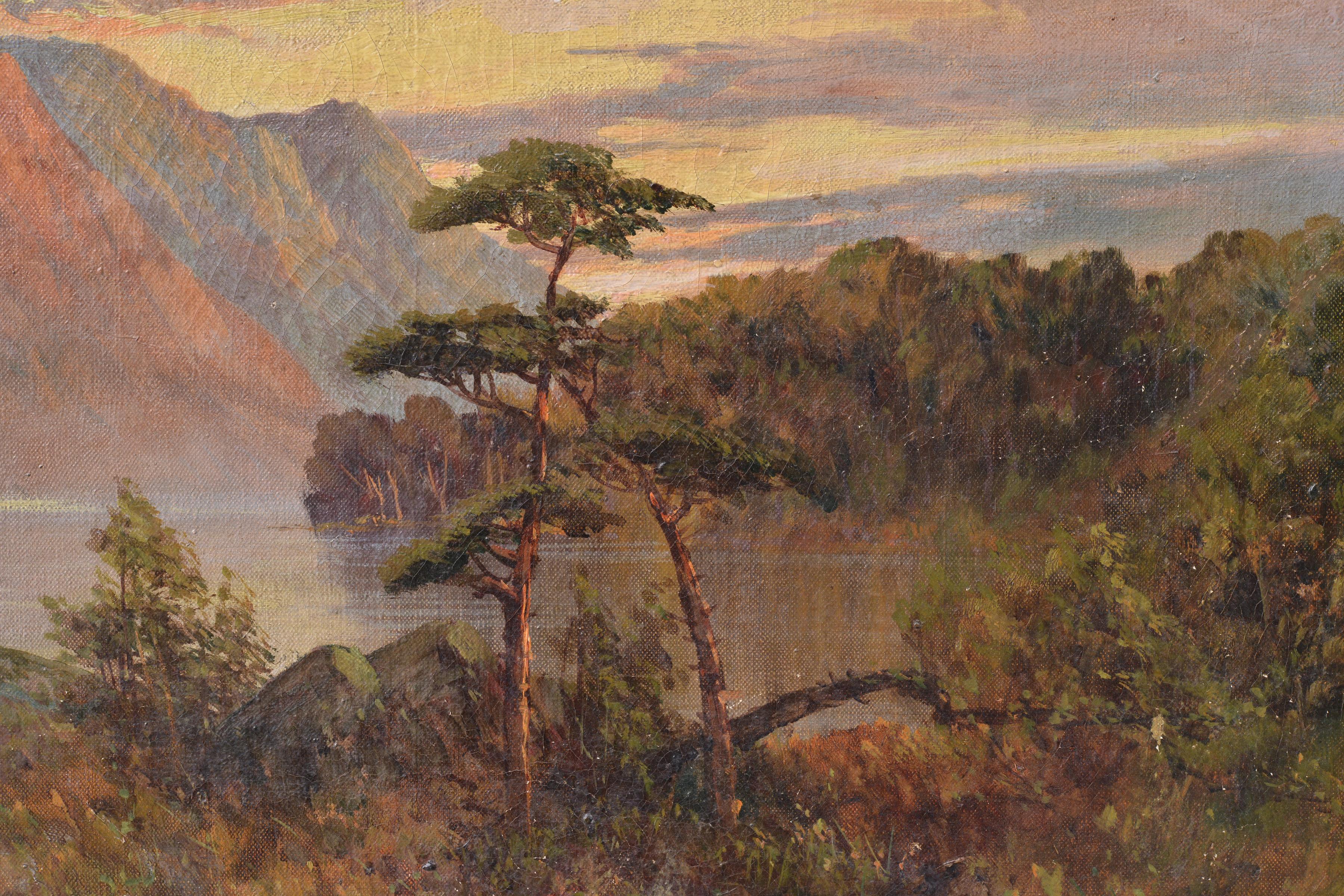 British highlands Loch on Sunset 19th century Landscape Framed Oil Painting  2