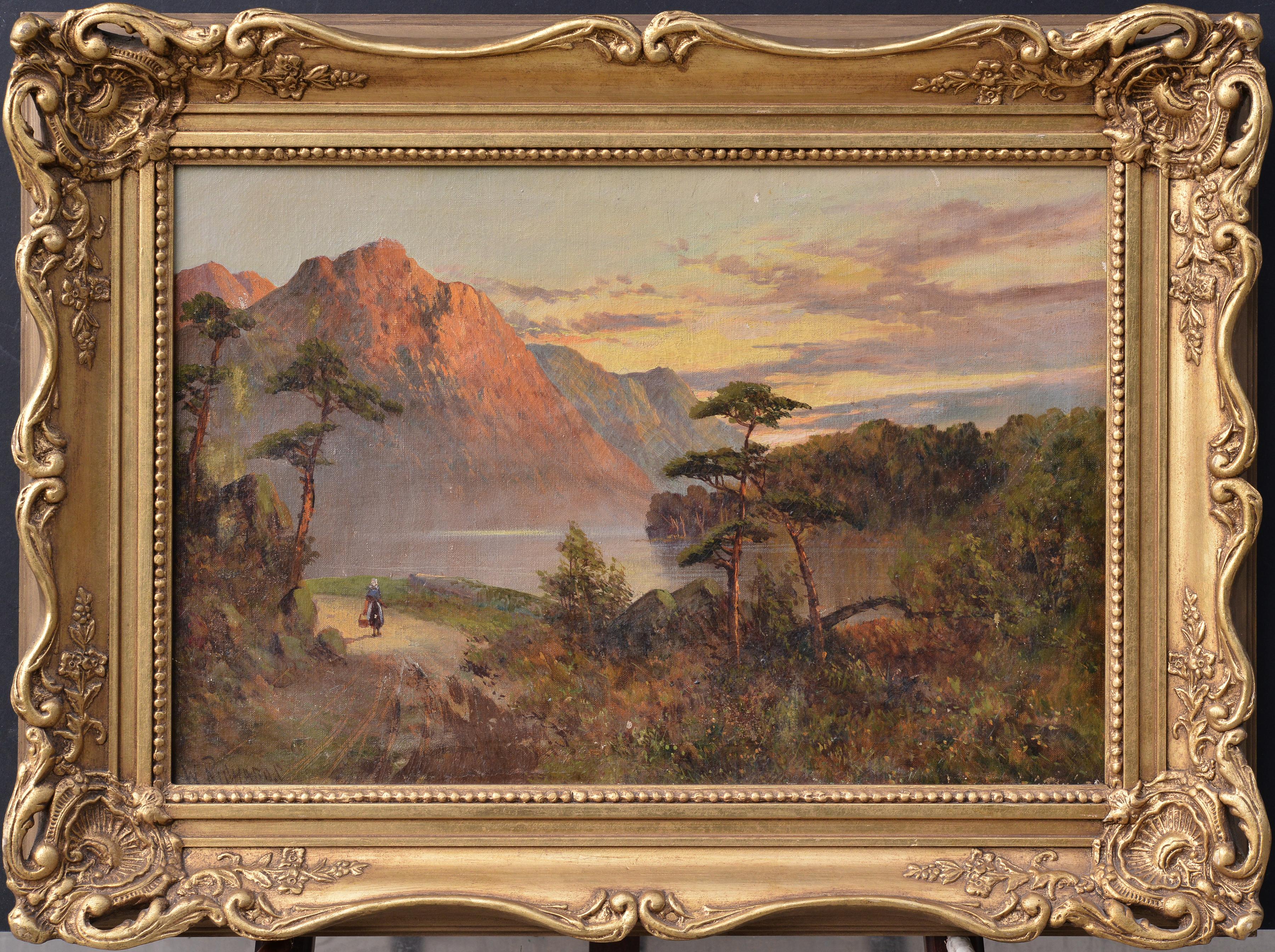 Unknown Landscape Painting - British highlands Loch on Sunset 19th century Landscape Framed Oil Painting 