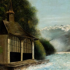 British painter William - 19th century Alpine lake and boathouse painting