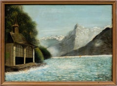 British painter William - 19th century Alpine lake and boathouse painting