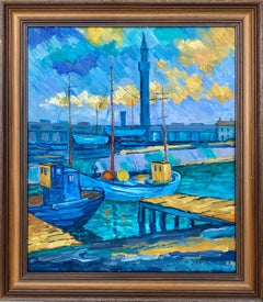 British post impressionist painting of a Harbour at dusk
