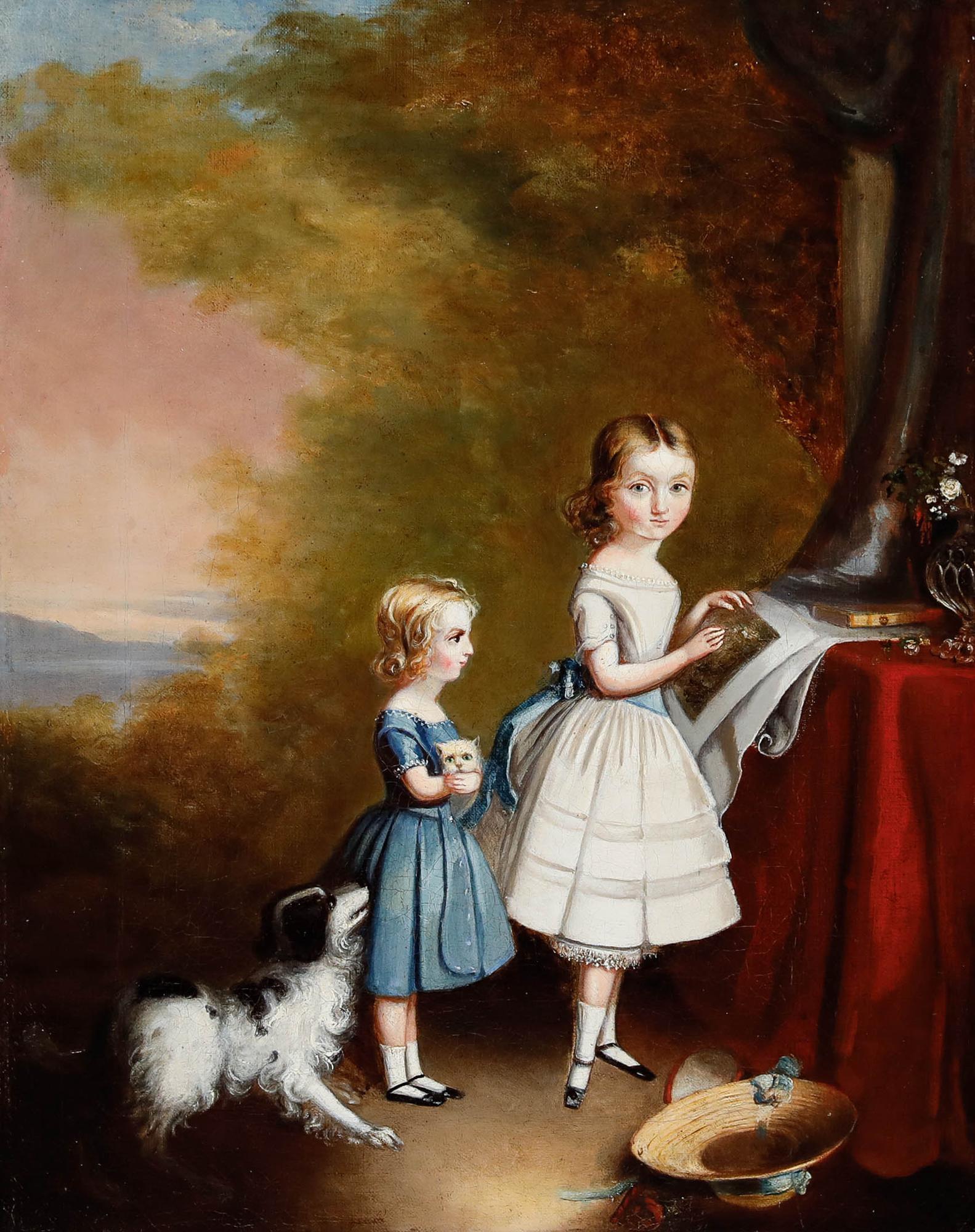 British Provincial School 19th Century Oil - Portrait of Two Sisters - Painting by Unknown