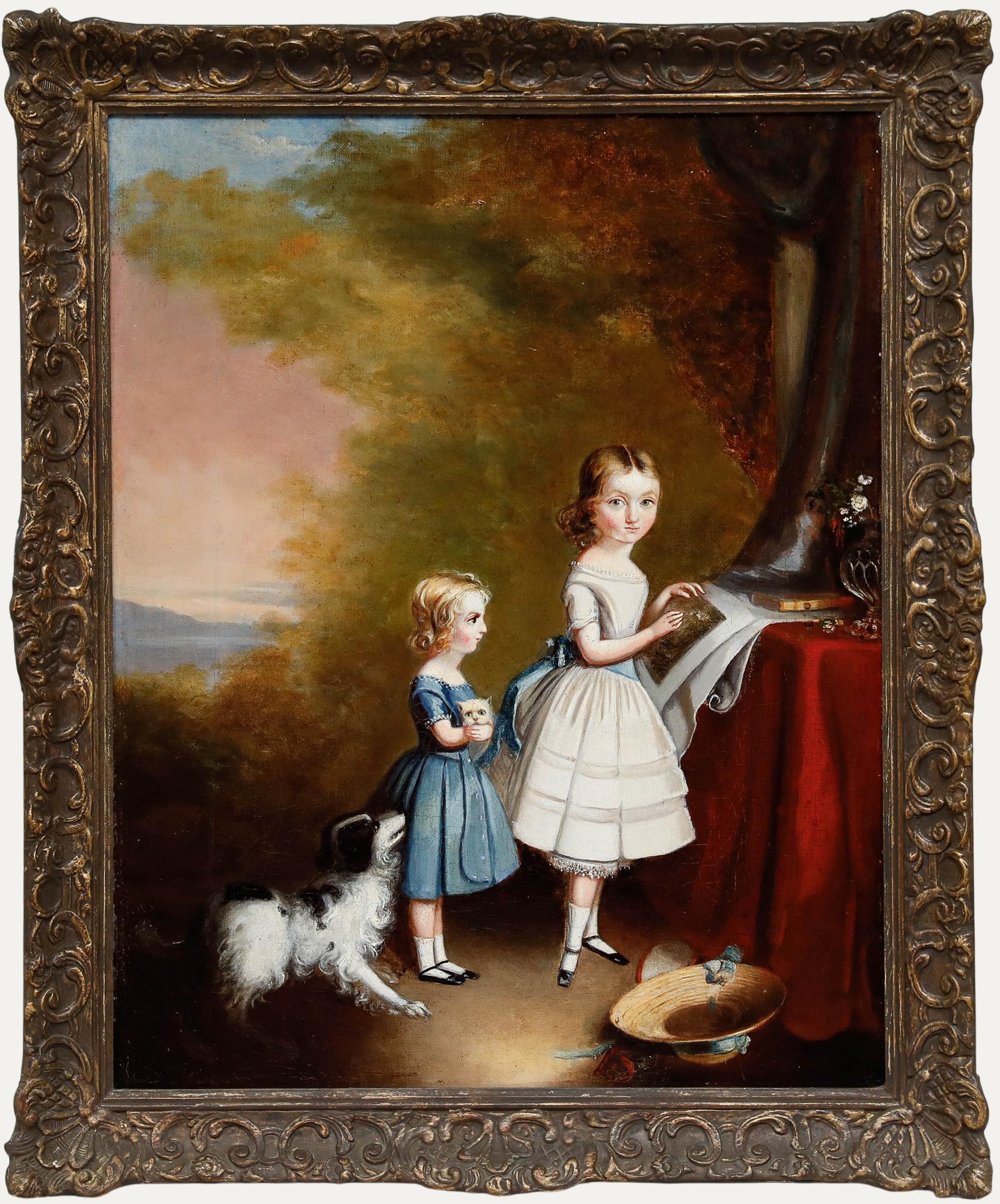 Unknown Portrait Painting - British Provincial School 19th Century Oil - Portrait of Two Sisters