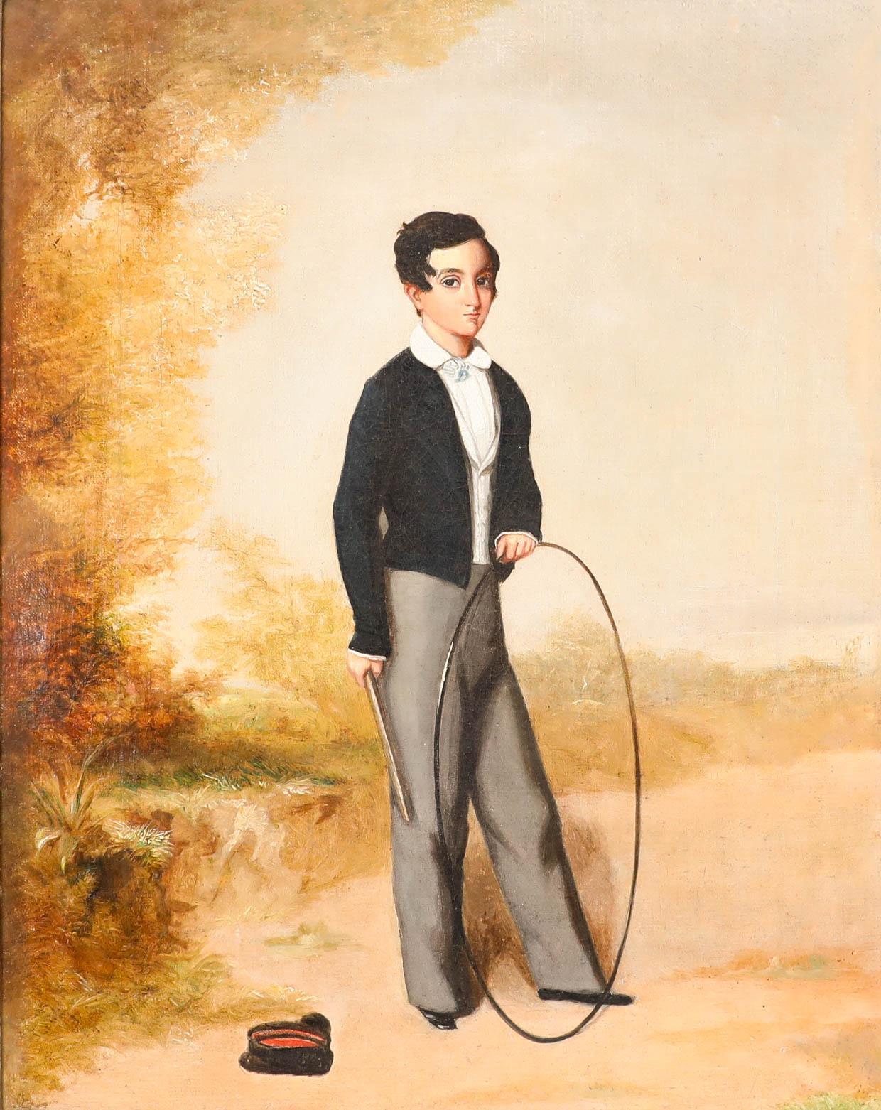 British Provincial School Early 19th Century Oil - Portrait of a Boy with a Hoop - Painting by Unknown