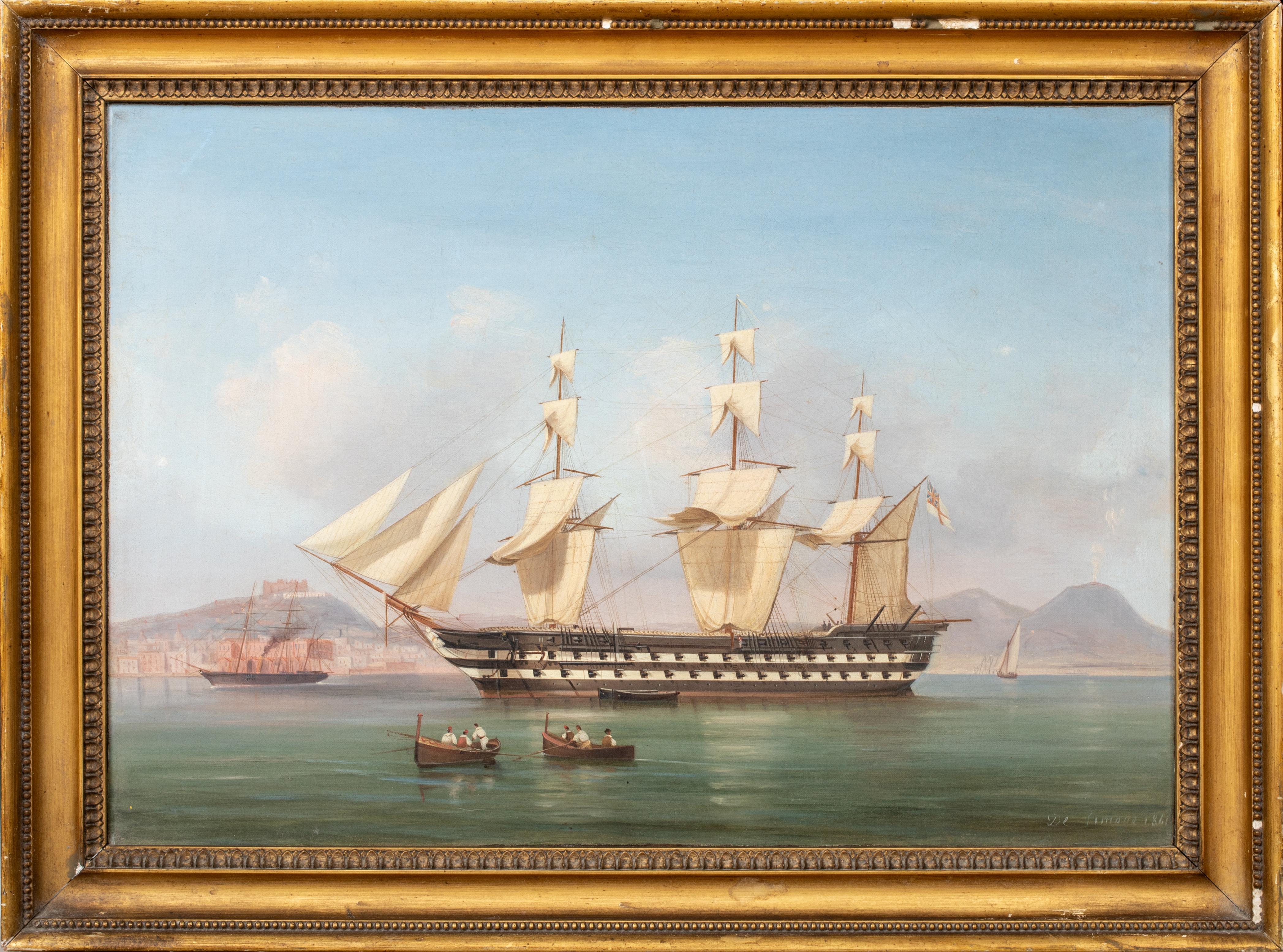 Unknown Landscape Painting - British Royal Navy Anchored Off Naples, 19th Century  TOMMASO DE SIMONE (1805-18
