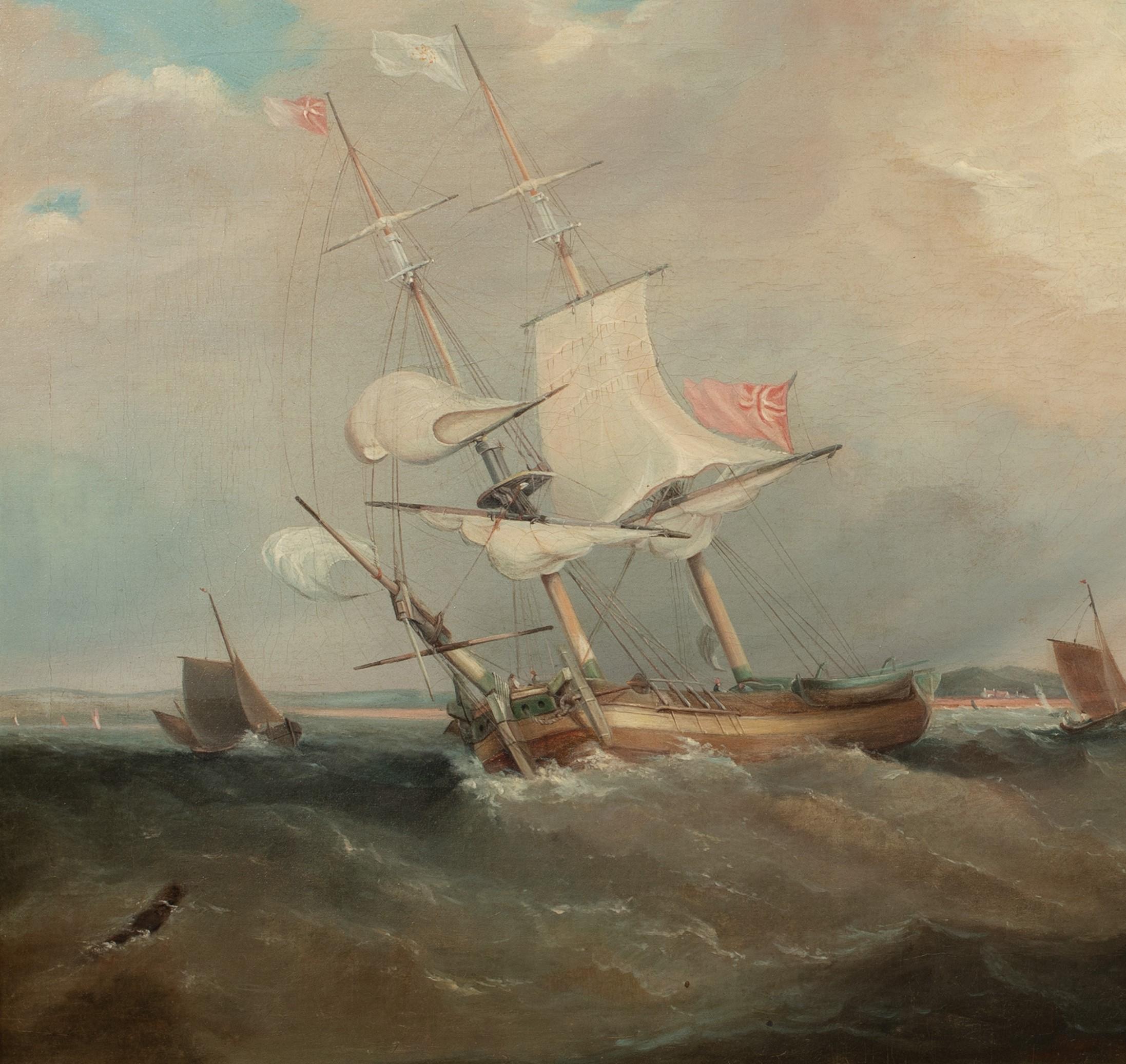 British Royal Navy Frigate In Choppy Waters, 19th Century  - Painting by Unknown