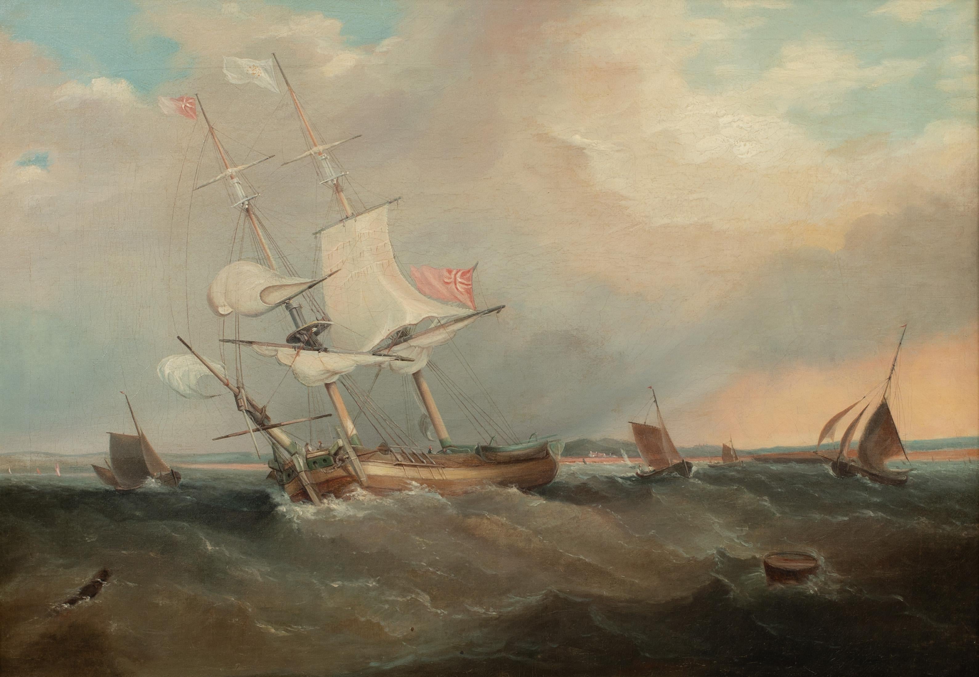British Royal Navy Frigate In Choppy Waters, 19th Century  - Brown Landscape Painting by Unknown