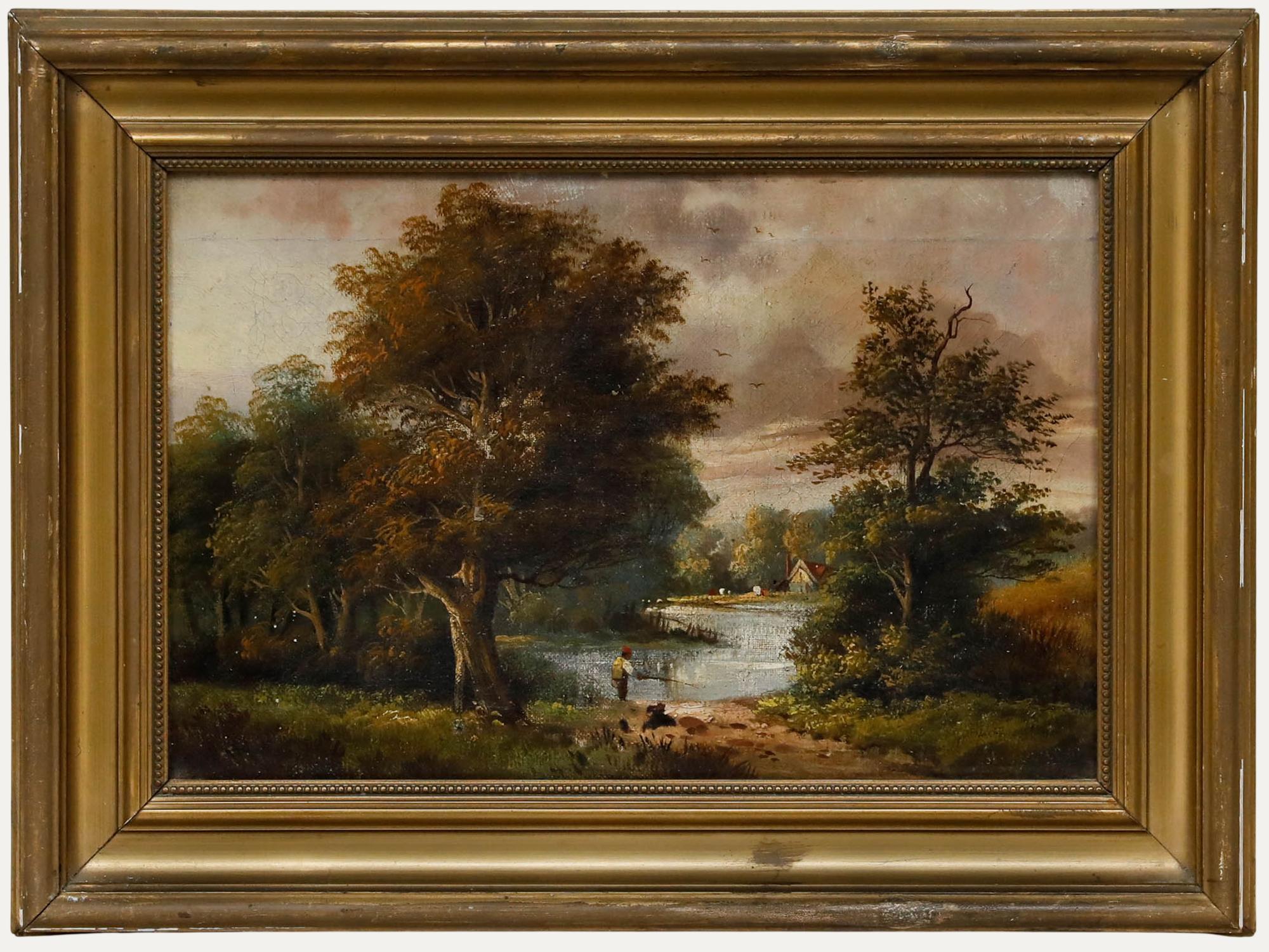 Unknown Landscape Painting - British School 19th Century Oil - Fishing at Dusk