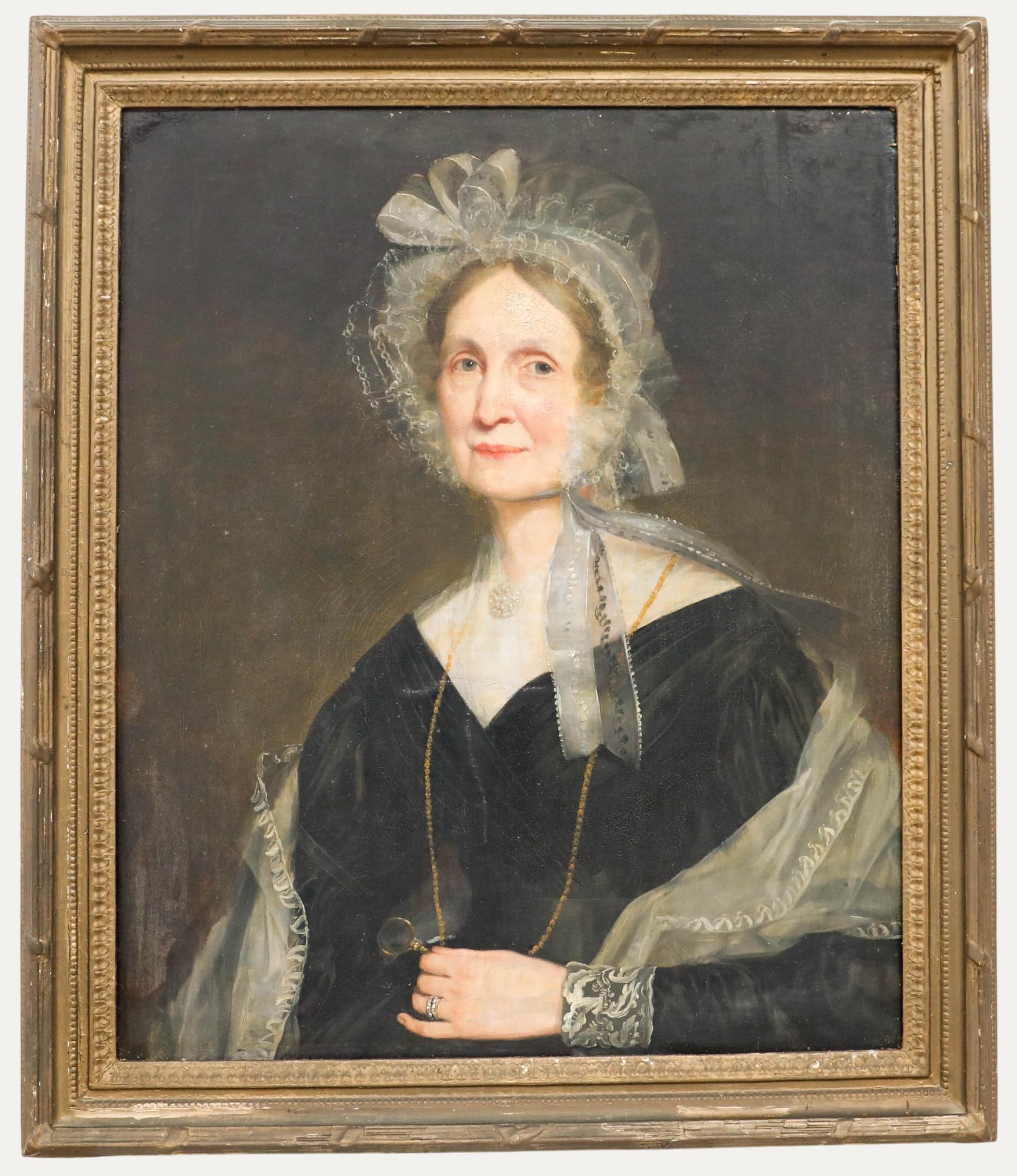 Huile de l'école britannique du XIXe siècle - Portrait d'une dame tenant un miroir