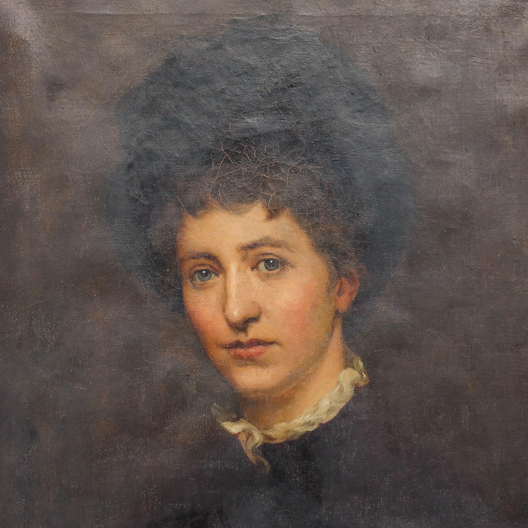 This intimate oil portrait features a figure with curly hair and rosy cheeks emerging from a dark, atmospheric background, painted in a traditional style. The subject gazes directly at the viewer with a subtle expression, while the artist's use of