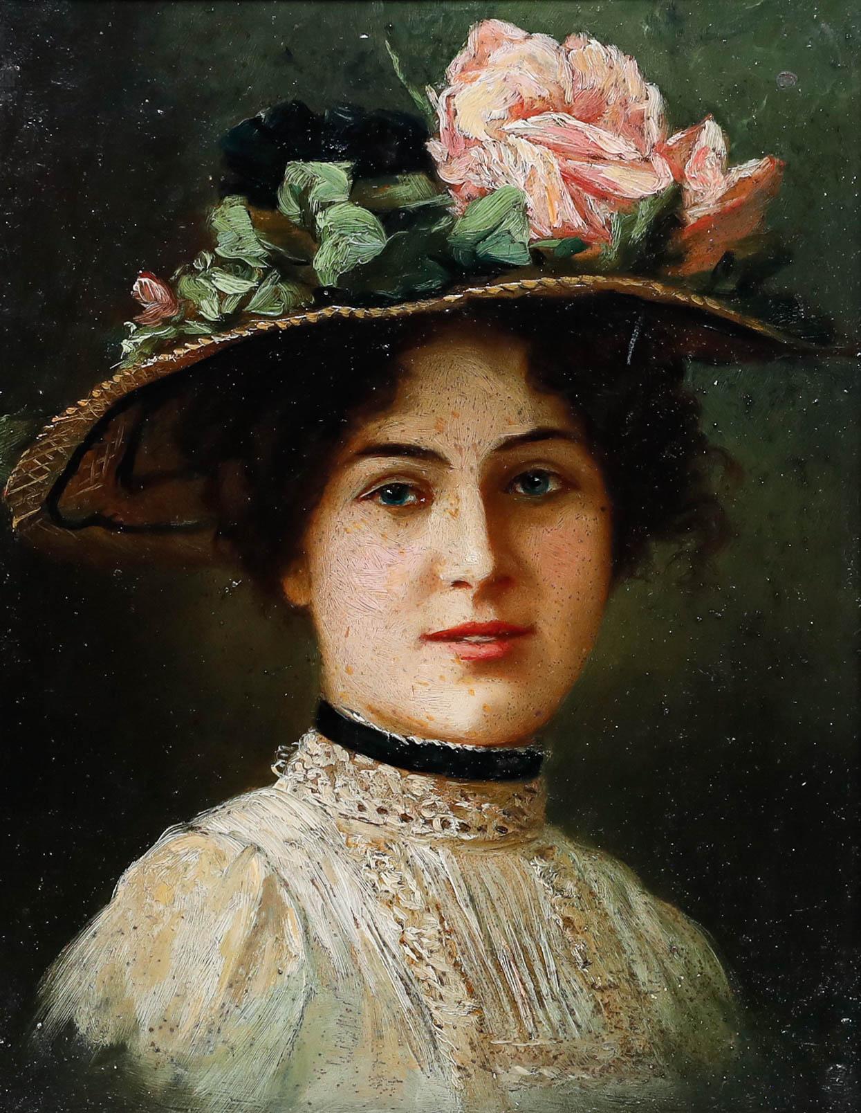 British School Early 20th Century Oil - Lady in a Straw Hat - Painting by Unknown