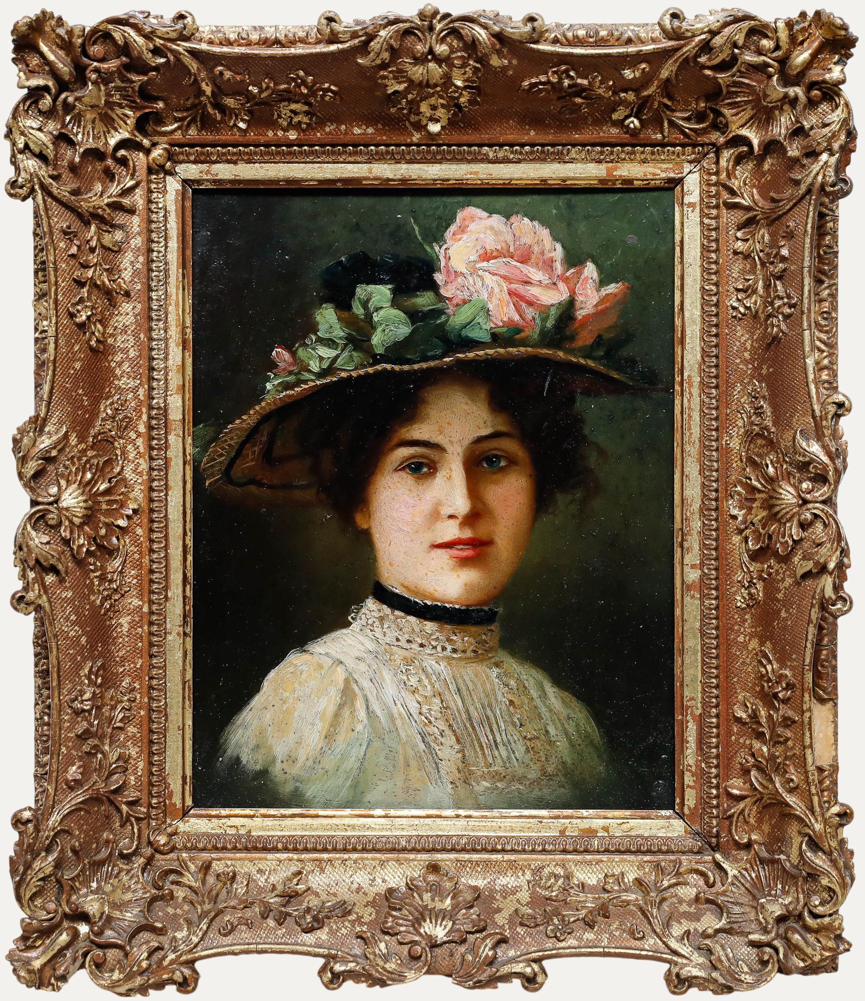 Unknown Portrait Painting - British School Early 20th Century Oil - Lady in a Straw Hat