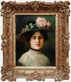 British School Early 20th Century Oil - Lady in a Straw Hat