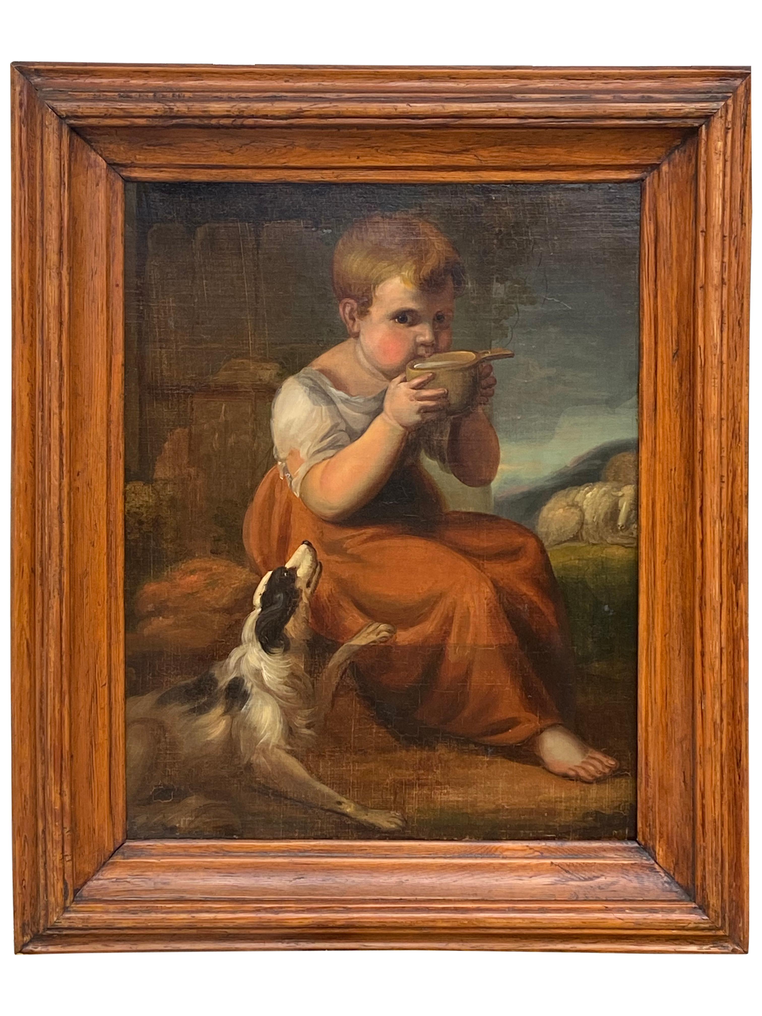 Vue de genre d'une garçon et d'un chien de l'école britannique, vers 1830-50 - Painting de Unknown