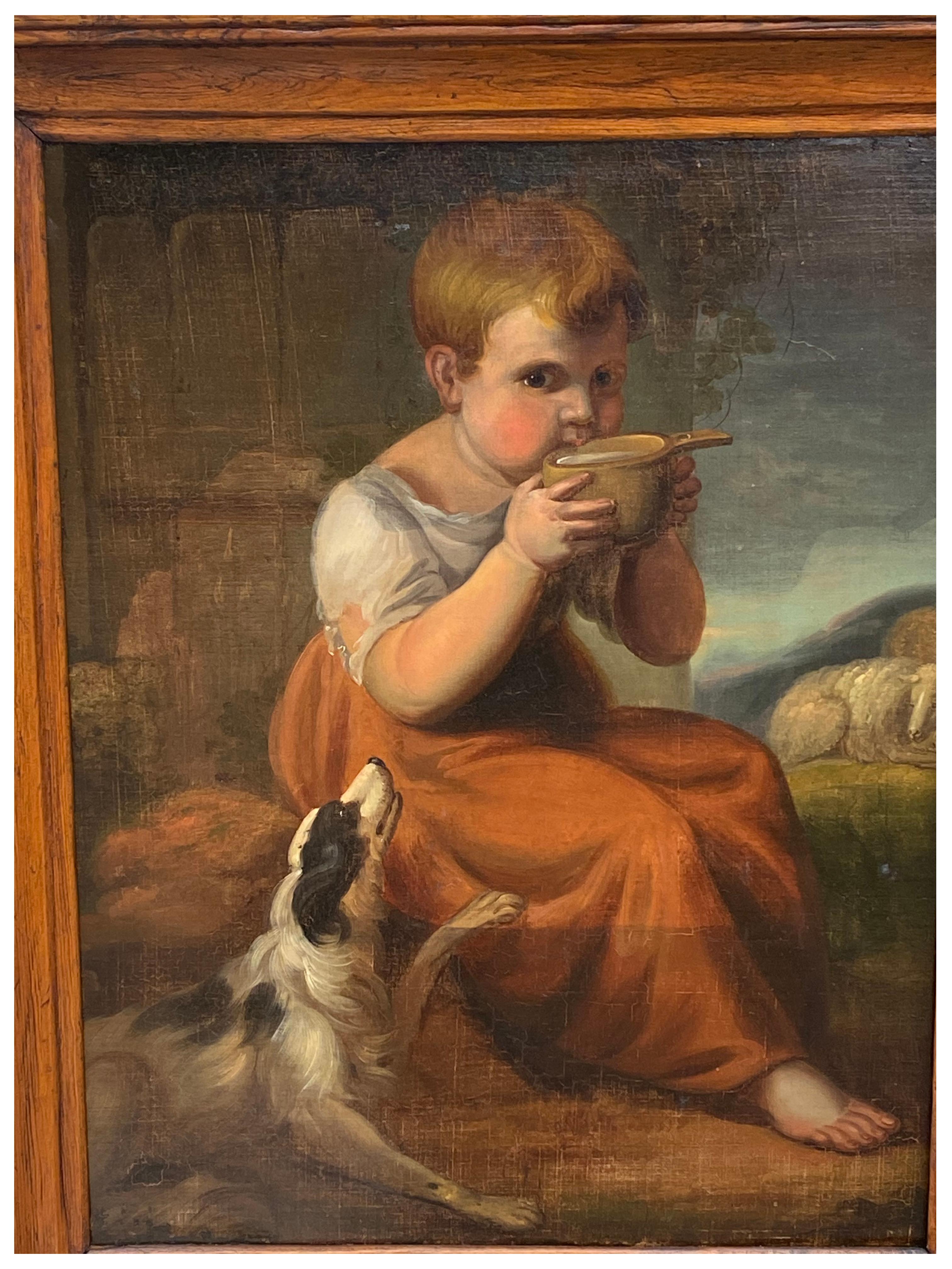 Vue de genre d'une garçon et d'un chien de l'école britannique, vers 1830-50 - Marron Figurative Painting par Unknown