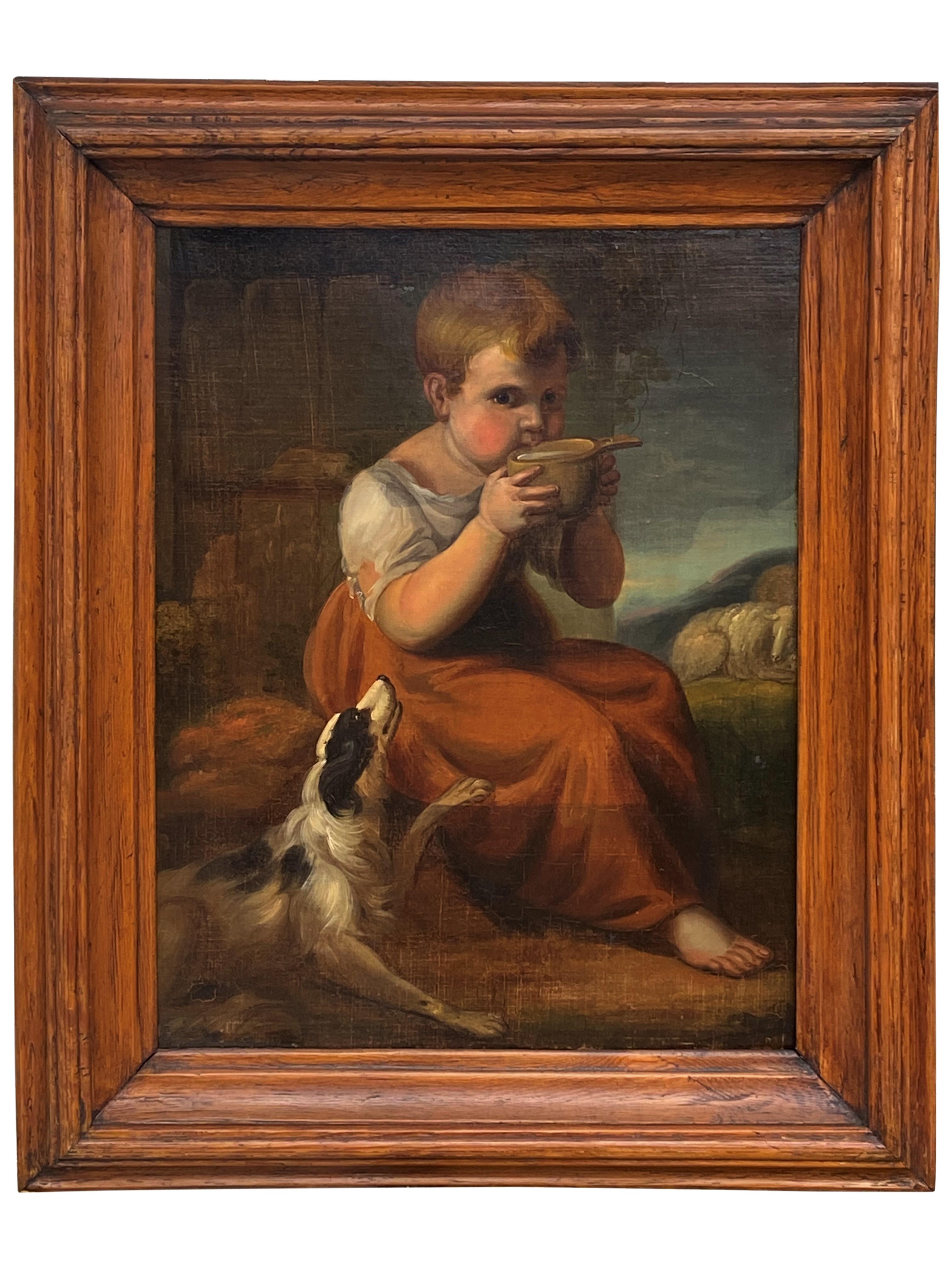Figurative Painting Unknown - Vue de genre d'une garçon et d'un chien de l'école britannique, vers 1830-50