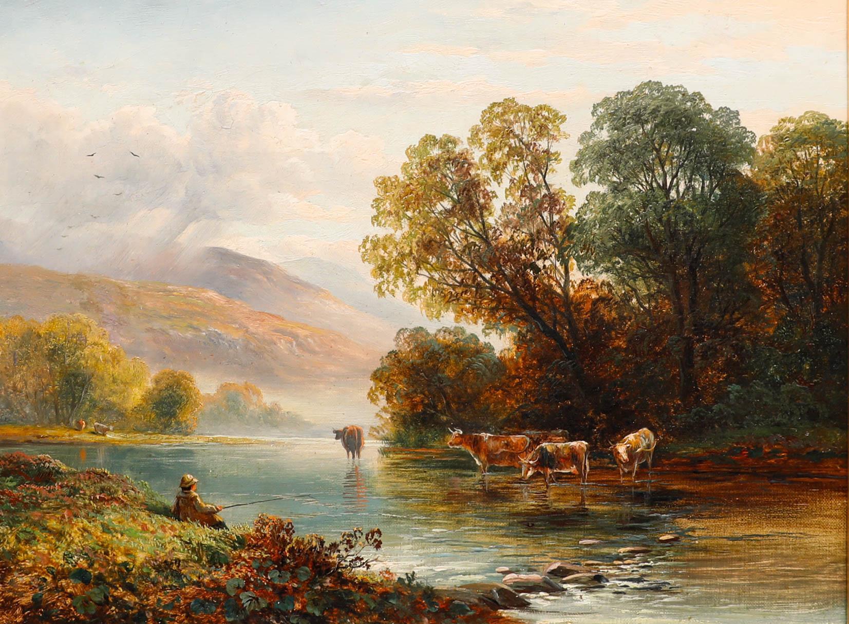 British School Late 19th Century Oil - Fisherman and Cattle - Painting by Unknown