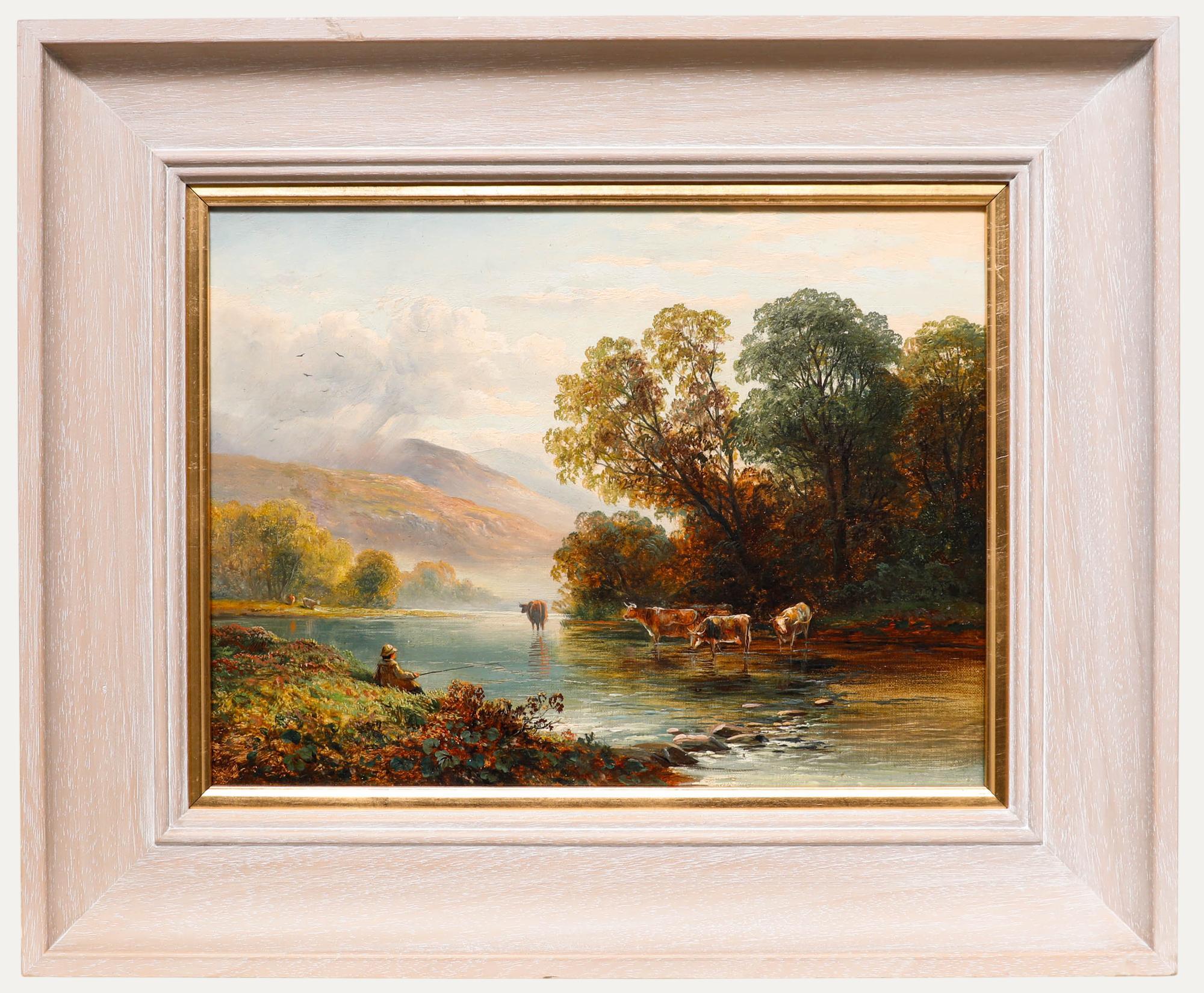 Unknown Landscape Painting - British School Late 19th Century Oil - Fisherman and Cattle